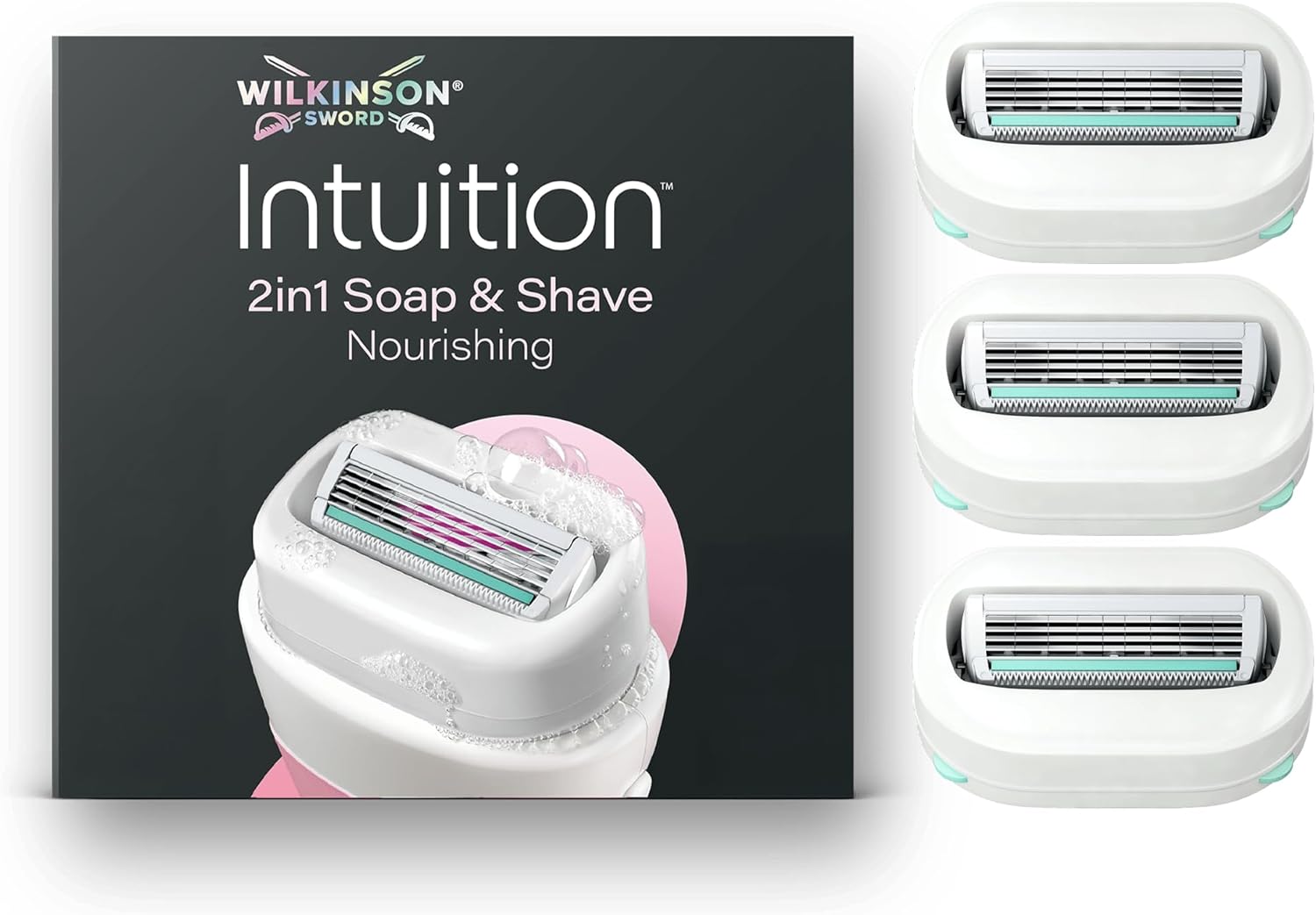 Detalle de Wilkinson Sword Intuition 2in1 Soap & Shave Nourishing: rasoi da donna con sapone vegano integrato (3 ricariche)