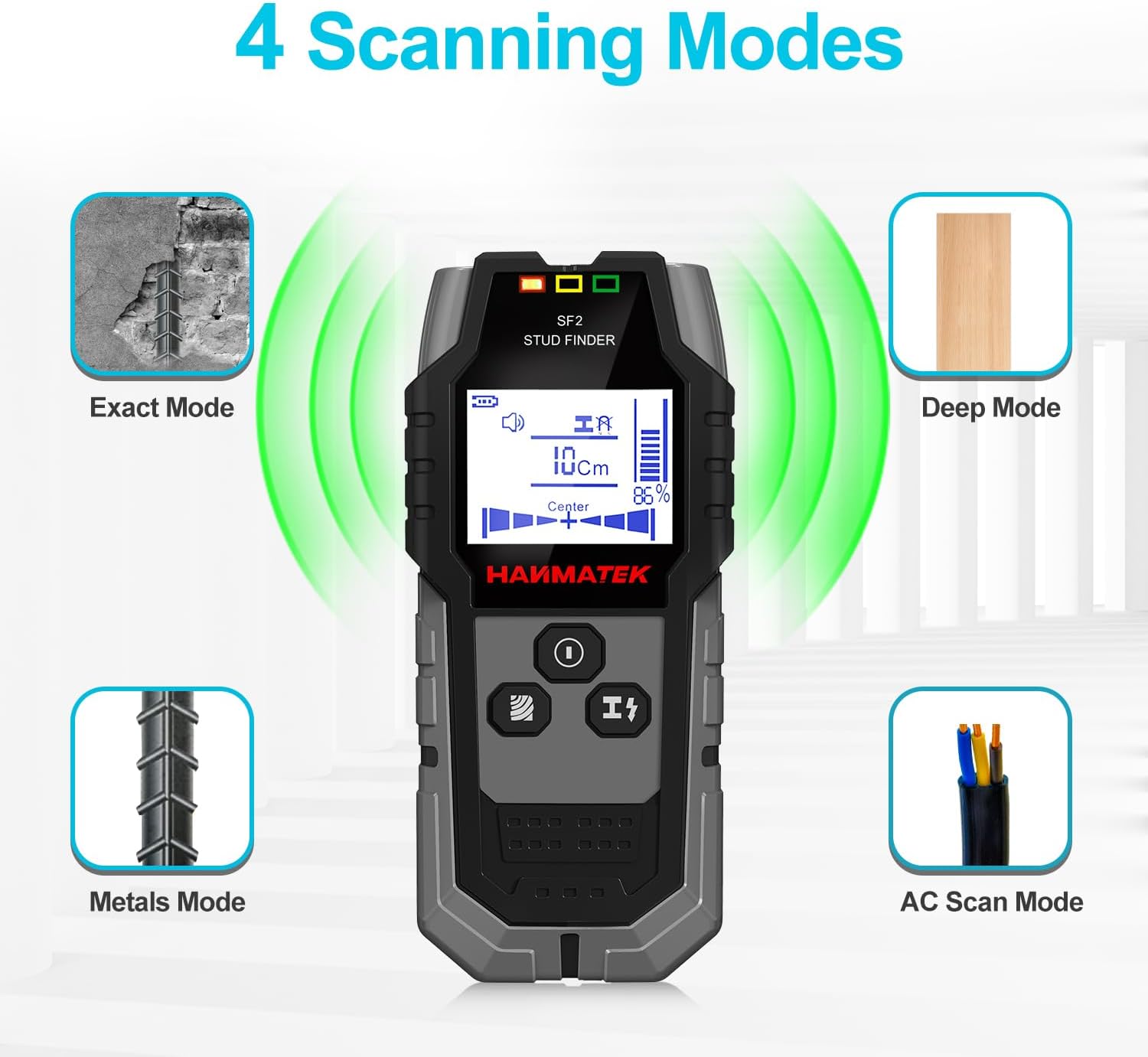 Thumbnail 3 de HANMATEK SF2 – Détecteur mural 4 en 1 pour métaux, bois et câbles CA (alarme sonore et écran LCD)