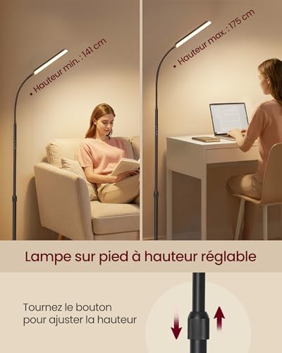 Thumbnail 2 de VASAGLE Lampadaire LFL007BD02 — Lampe de lecture noir mat à hauteur réglable et col de cygne orientable 360°