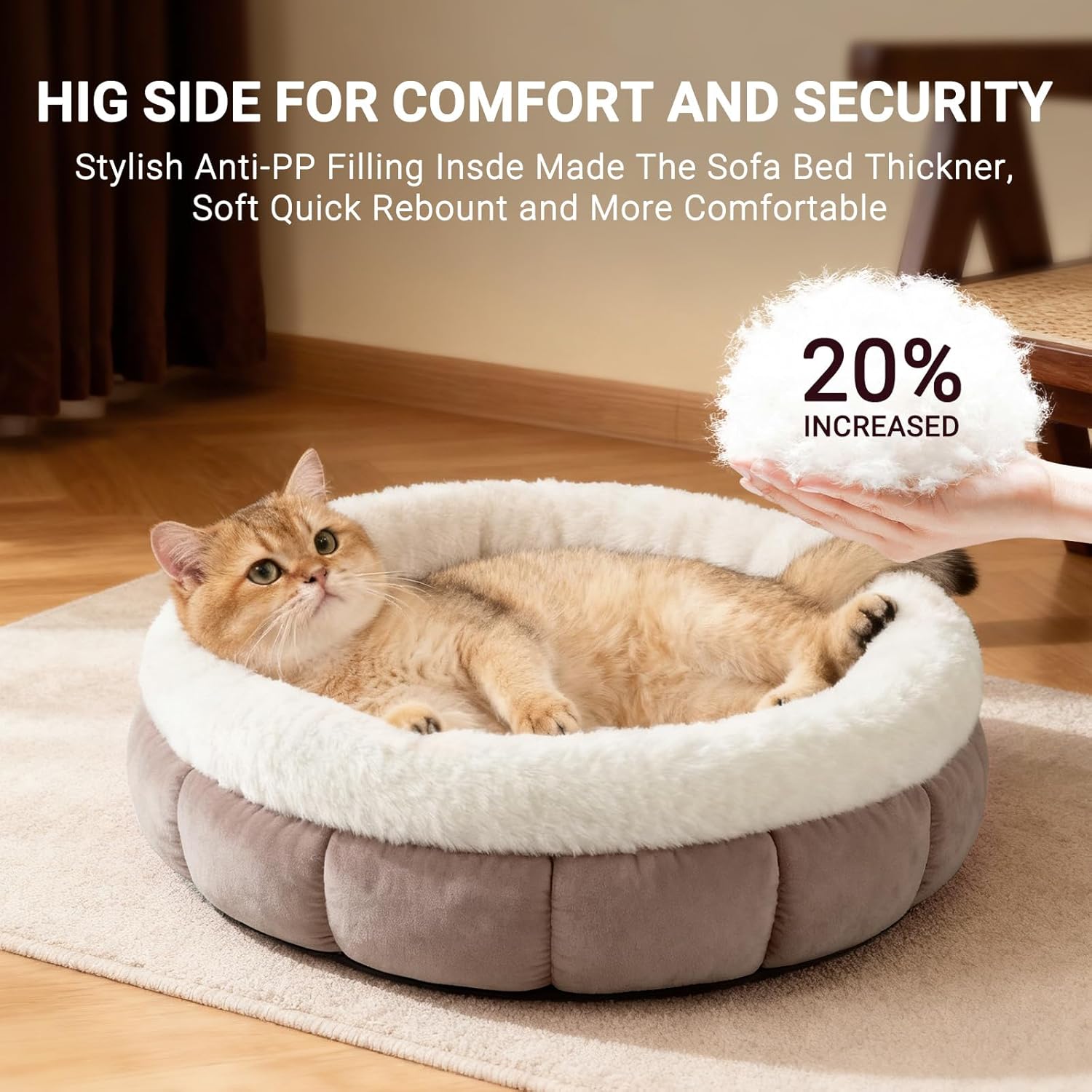 Thumbnail 4 de EDMIENS Small Cat Bed, Round Donut Cushion – 45x45x16.5cm, Brown