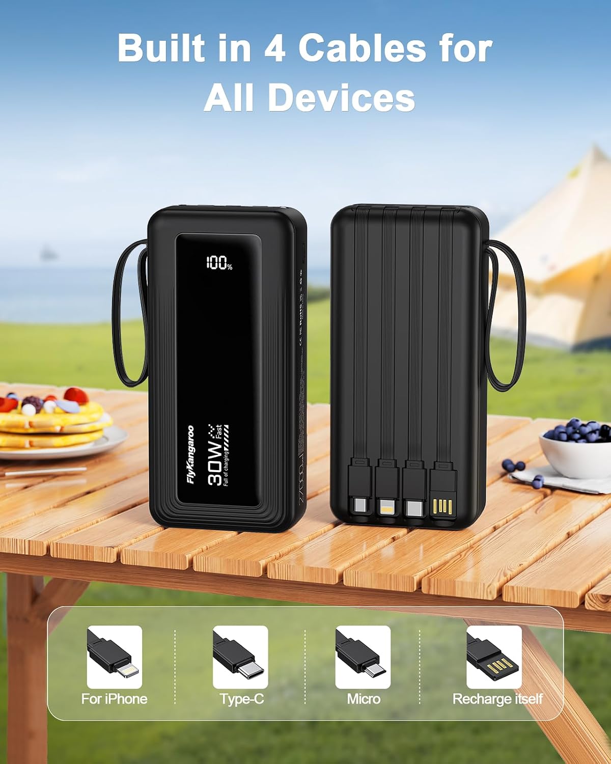 Detalle de FlyKangaroo Power Bank 30W 27000mAh with Built-in Cables and LED Display