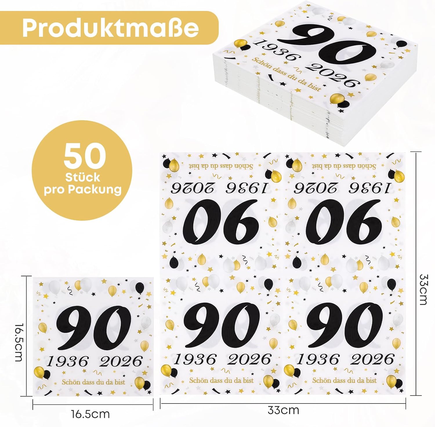 Detalle de Seutgjie 50 Servietten zum 90. Geburtstag – Schwarz-Gold mit „90“ & Geburtstags-Text (Papierservietten)