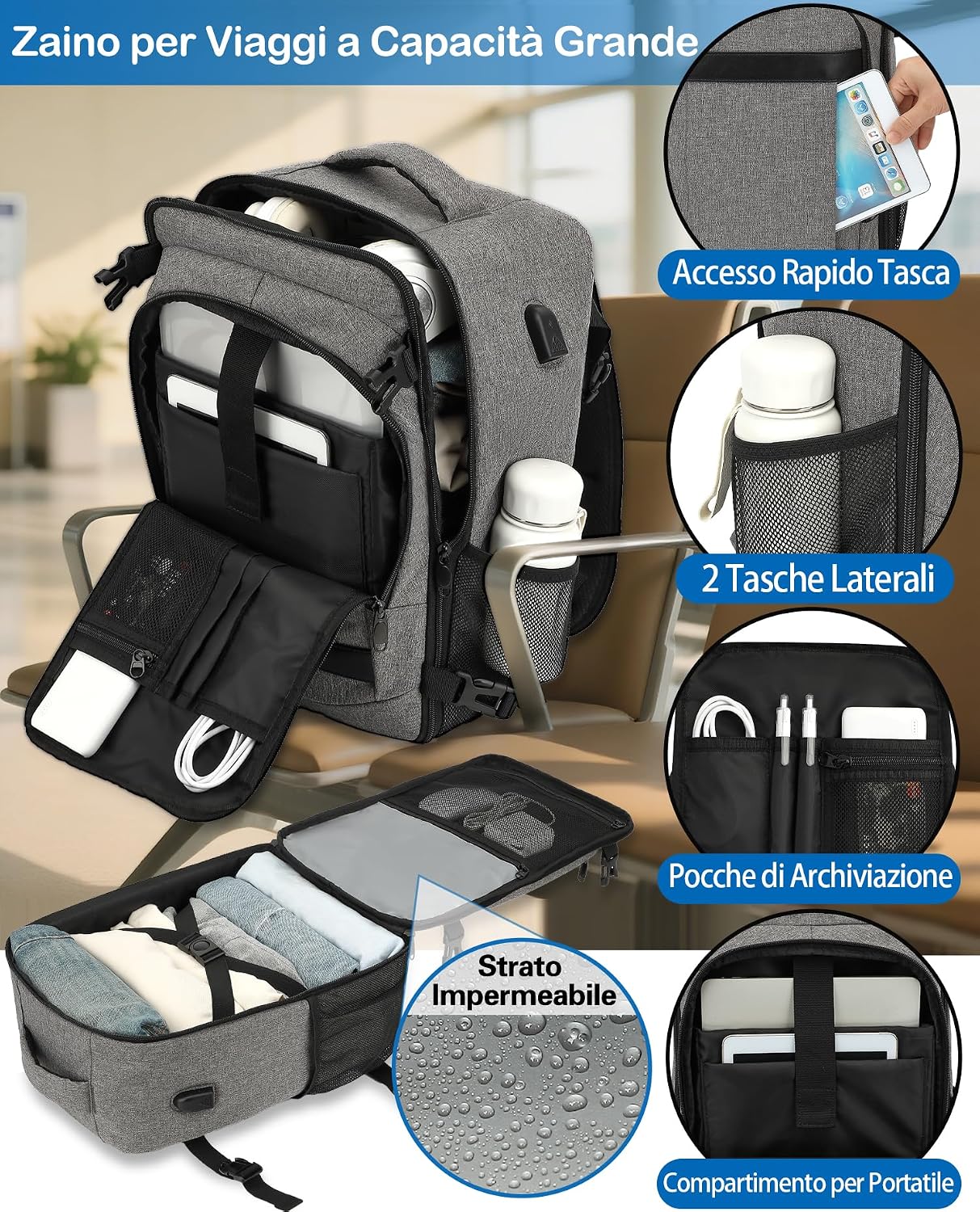 Detalle de KLOSTAIN Zaino Ryanair 40x30x20: Zaino da viaggio cabina 24L, Grigio Mélange Chiaro