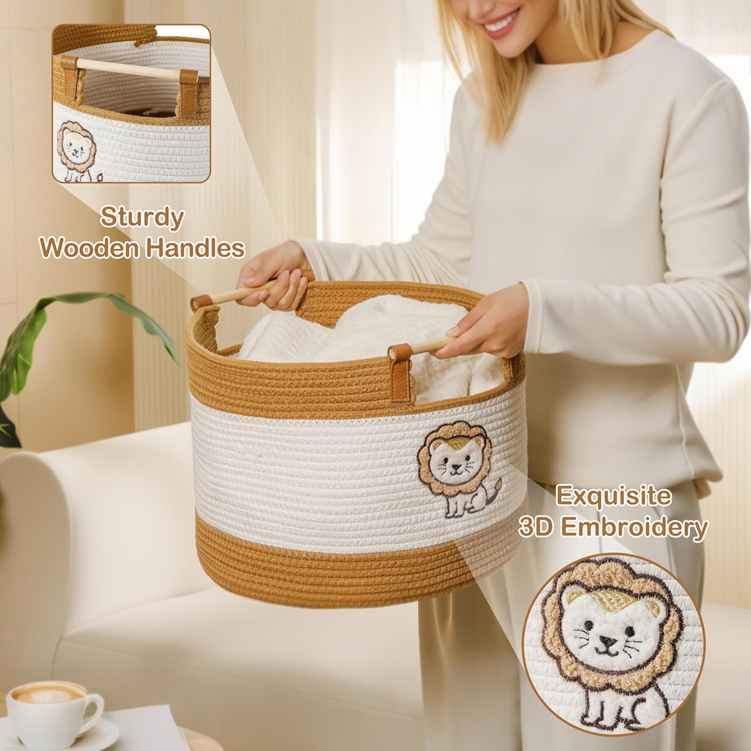Thumbnail 4 de Large Blanket Basket Living Room 35L – Woven Cotton Rope Toy Hamper for Nursery & Home Organisation