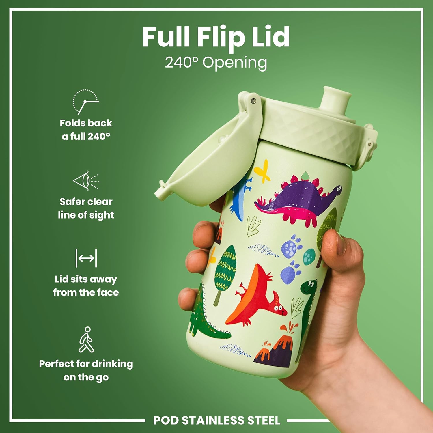 Thumbnail 3 de Ion8 Small Water Bottle (Green, Dinosaurs) – Leak-Proof, Dishwasher-Safe and Easy to Open