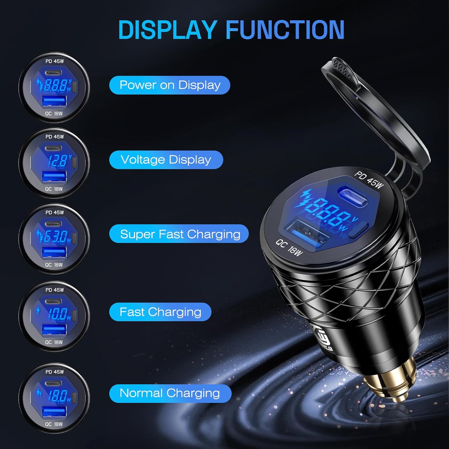 Detalle de Din Hella Plug vers USB Chargeur Adaptateur 45 W PD3.0 / 18 W QC3.0 pour moto 12–24 V, étanche avec voltmètre LED