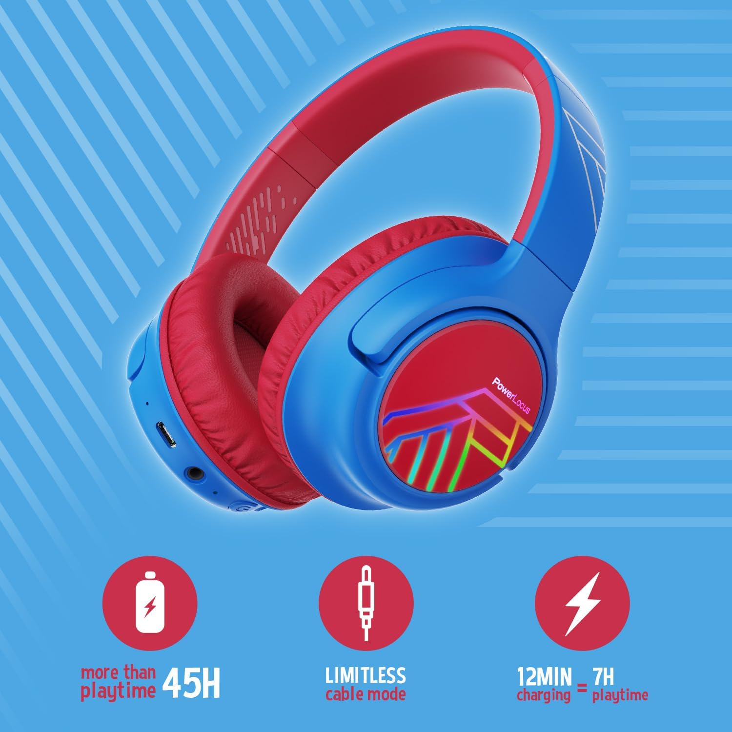 Thumbnail 1 de PowerLocus Bobo cuffie Bluetooth per bambini over-ear con limitazione volume 74/85/94 dB, LED e microfono