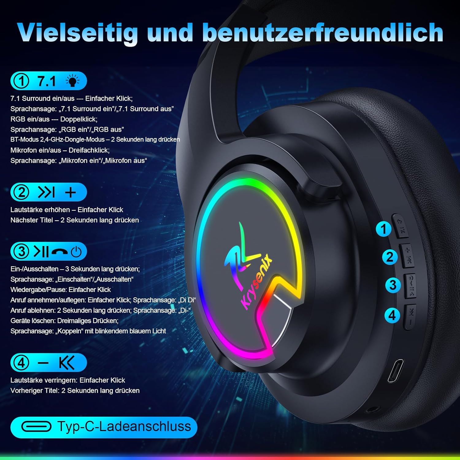 Thumbnail 5 de Krysenix PG3 Wireless Gaming Headset (48 Stunden, 2,4 GHz & Bluetooth 5.4) für PS4, PS5, PC, Mac & Switch