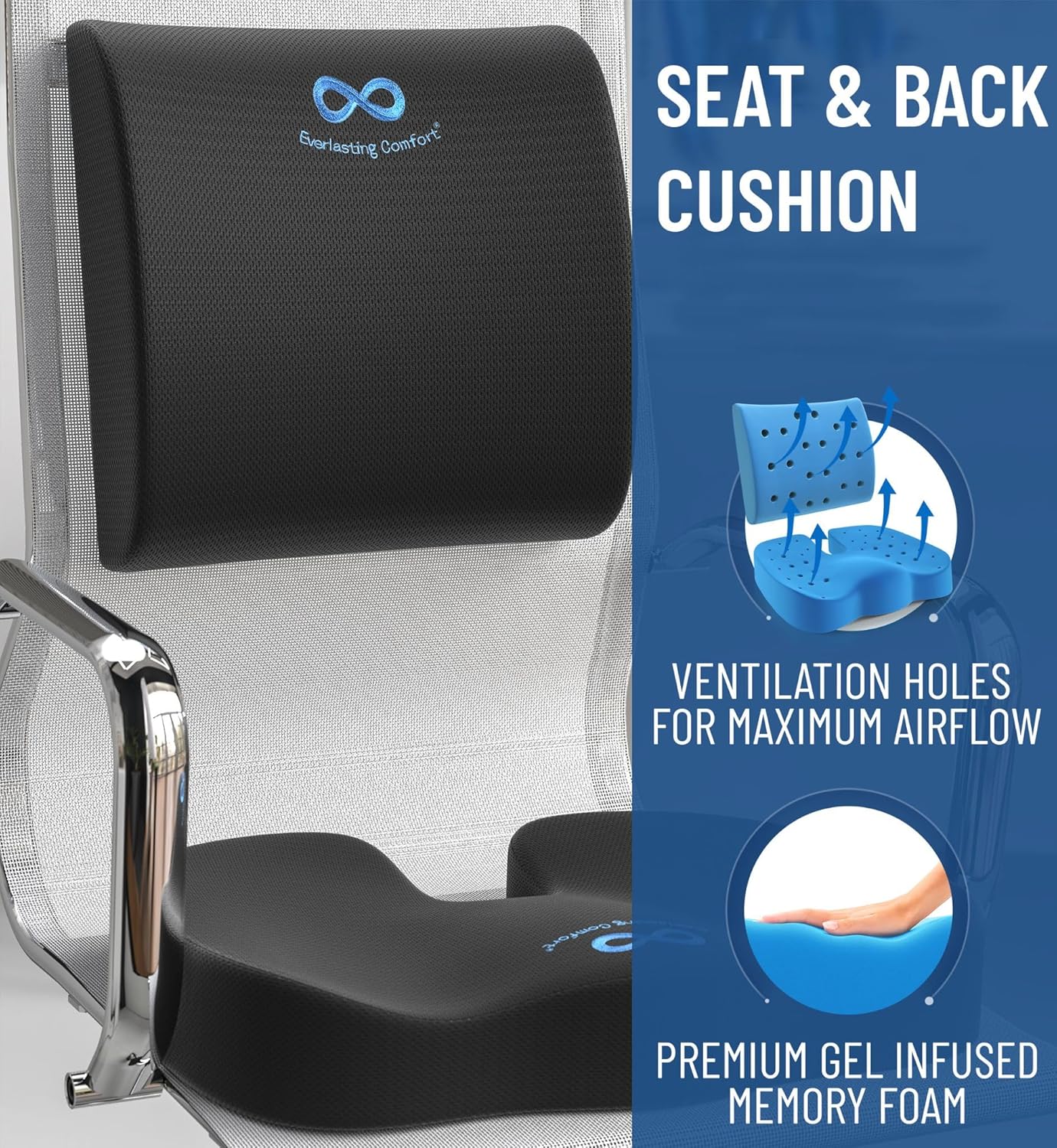 Thumbnail 1 de Everlasting Comfort memory foam seat cushion set for office chairs and cars, with gel layer and lumbar support