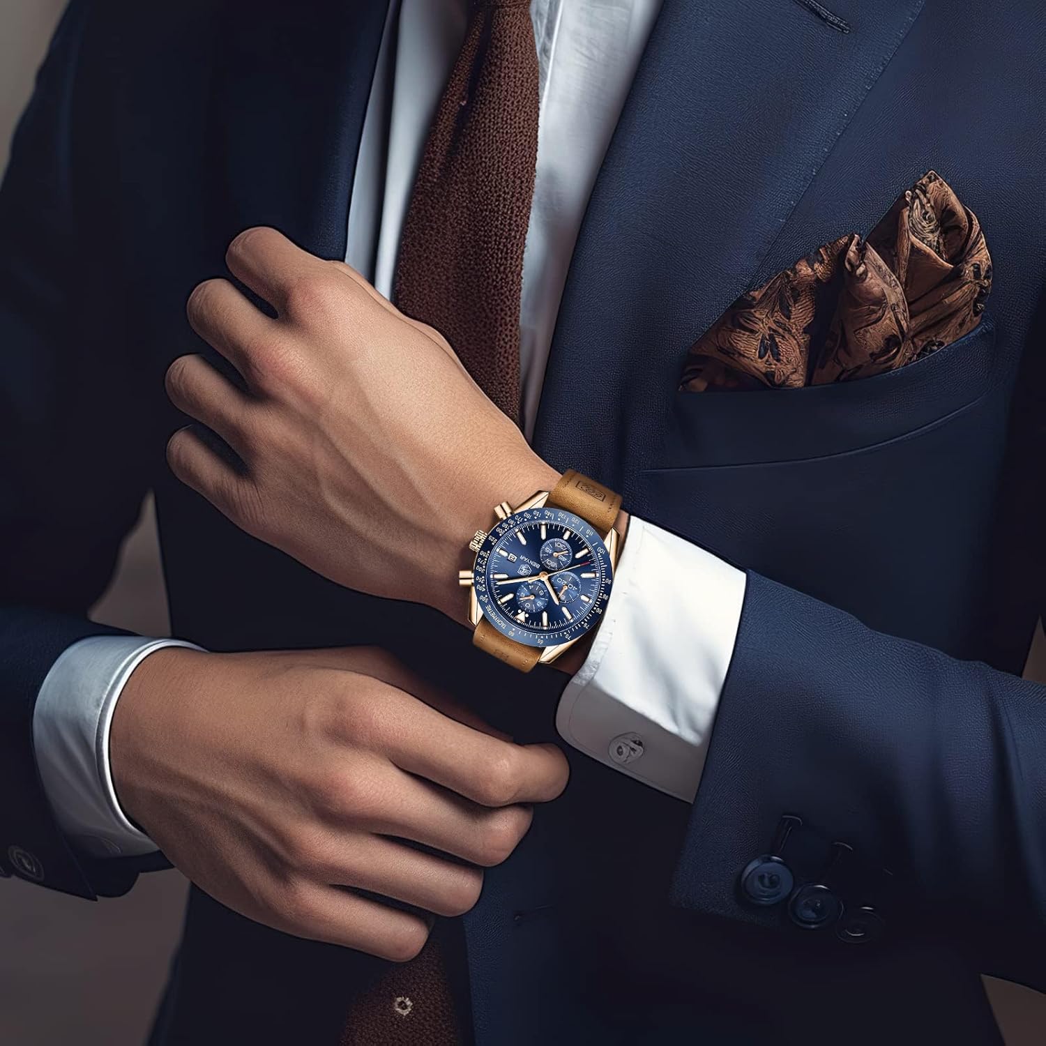 Detalle de BENYAR Orologio da Uomo Cronografo Analogico al Quarzo — 45MM, Impermeabile e con Cinturino in Pelle/Acciaio Inox
