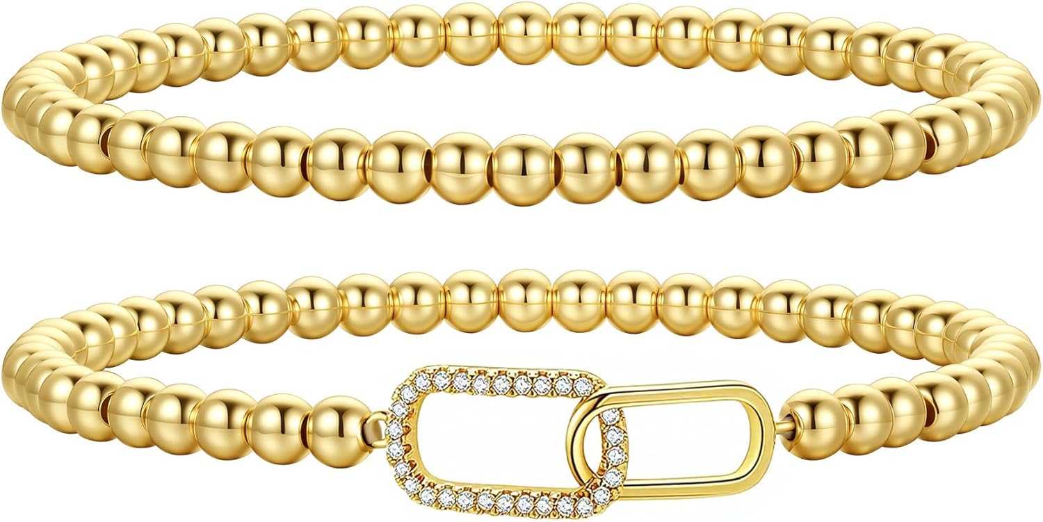 Detalle de TINGN 2er Gold Armkettchen-Set – 14K Vergoldete Herz/Kreuz CZ-Armbänder, elastisch, Handgefertigte Perlenanhänger