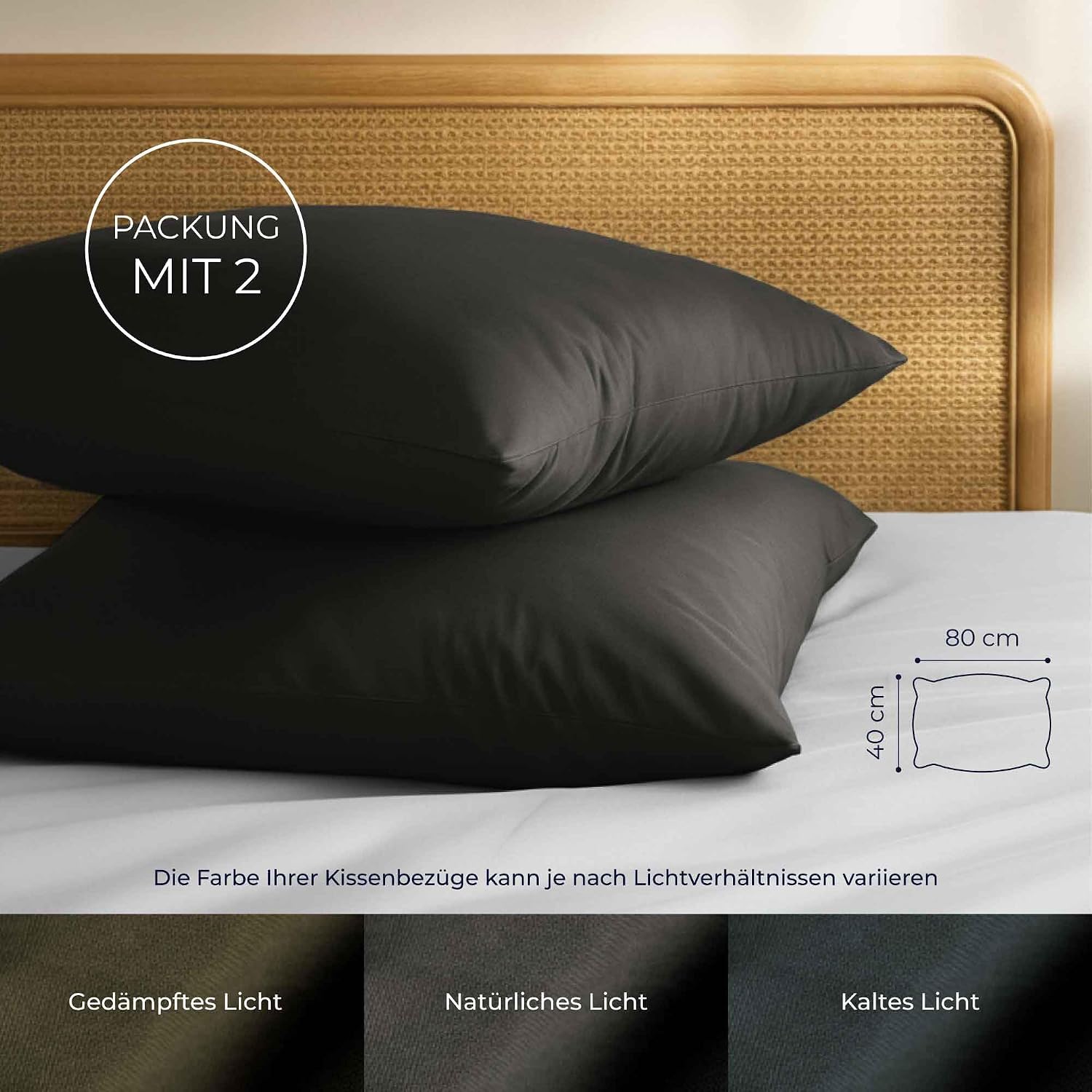 Detalle de Dreamzie Kissenbezug 40 x 80 Renforcé Baumwolle (2er-Set) – Anthrazit