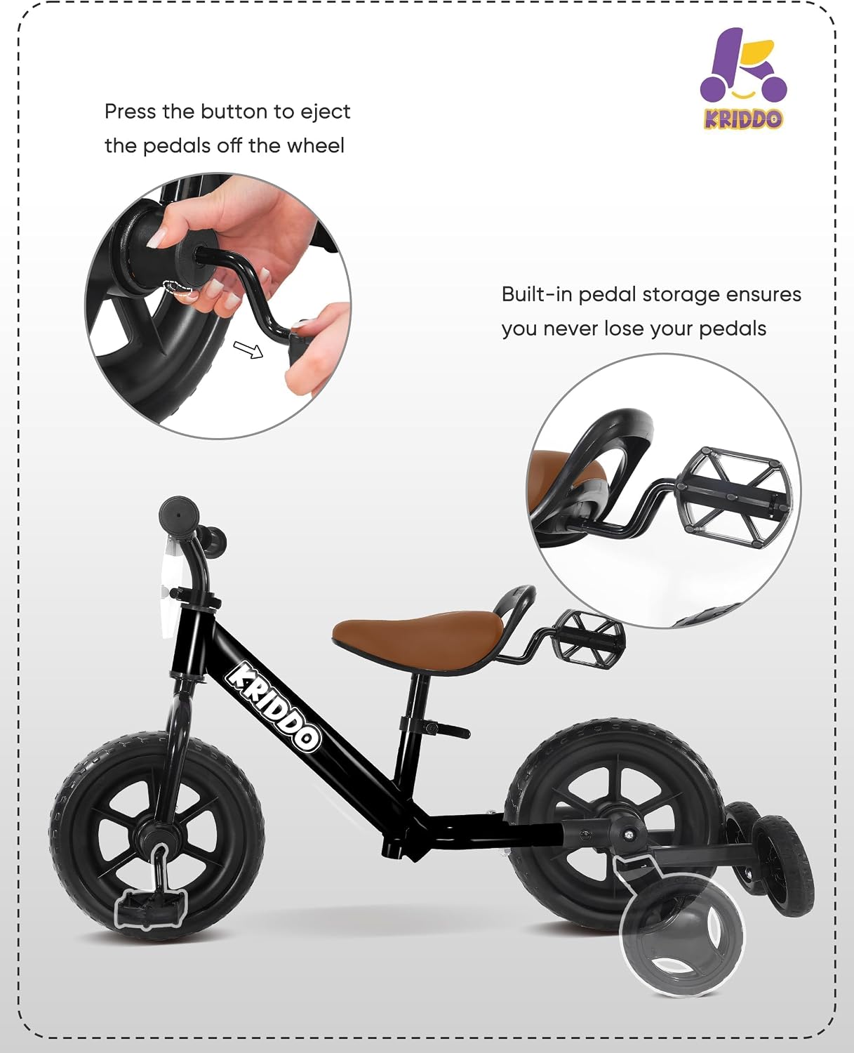 Thumbnail 2 de KRIDDO 2-in-1 Kids Tricycle and Toddler Balance Bike (18 Months–3 Years) with Detachable Pedals and Stowable Training Wheels, Black