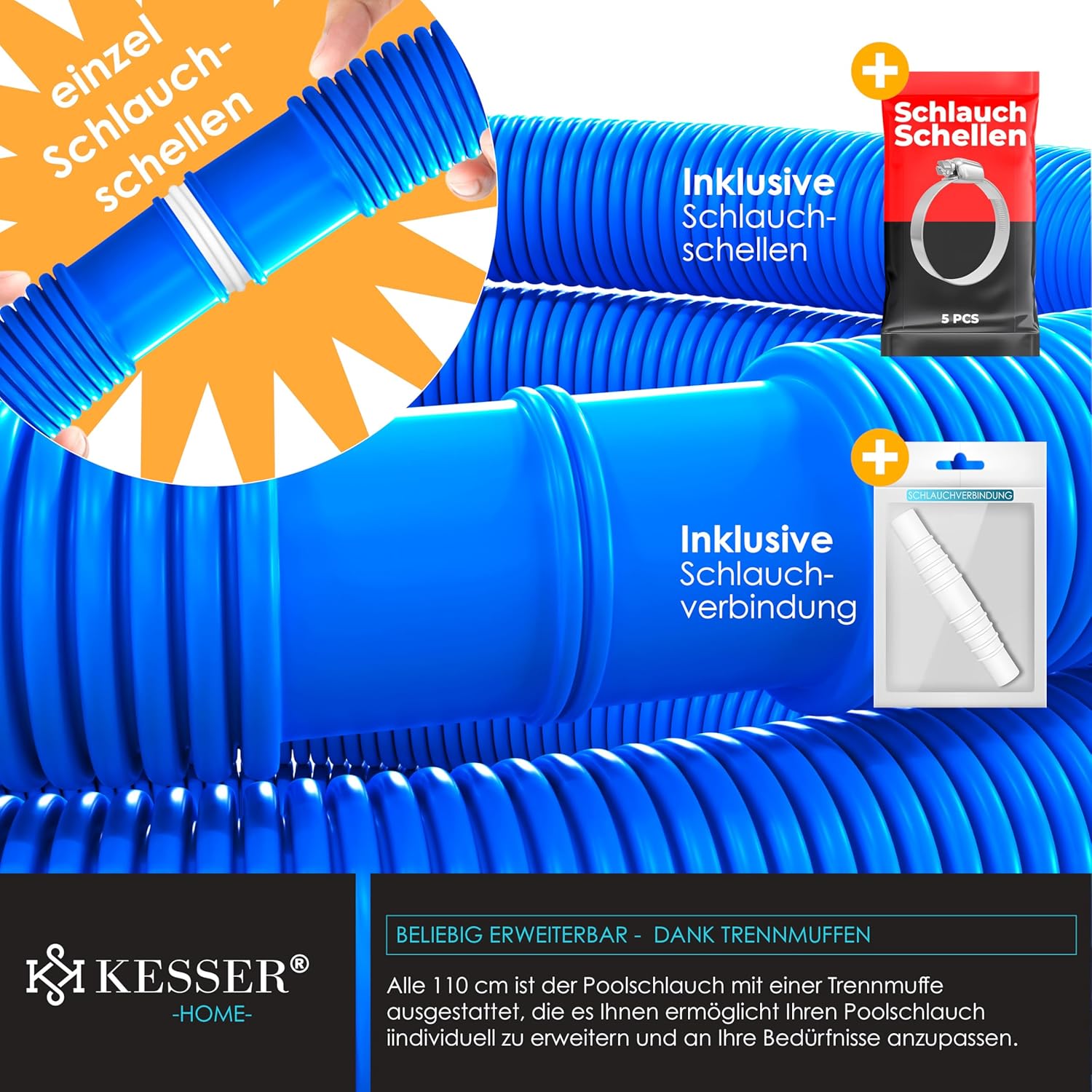 Thumbnail 3 de KESSER Poolschlauch 8 m | Ø 38 mm – flexibler Schwimmbadschlauch mit Muffen, inkl. Schellen