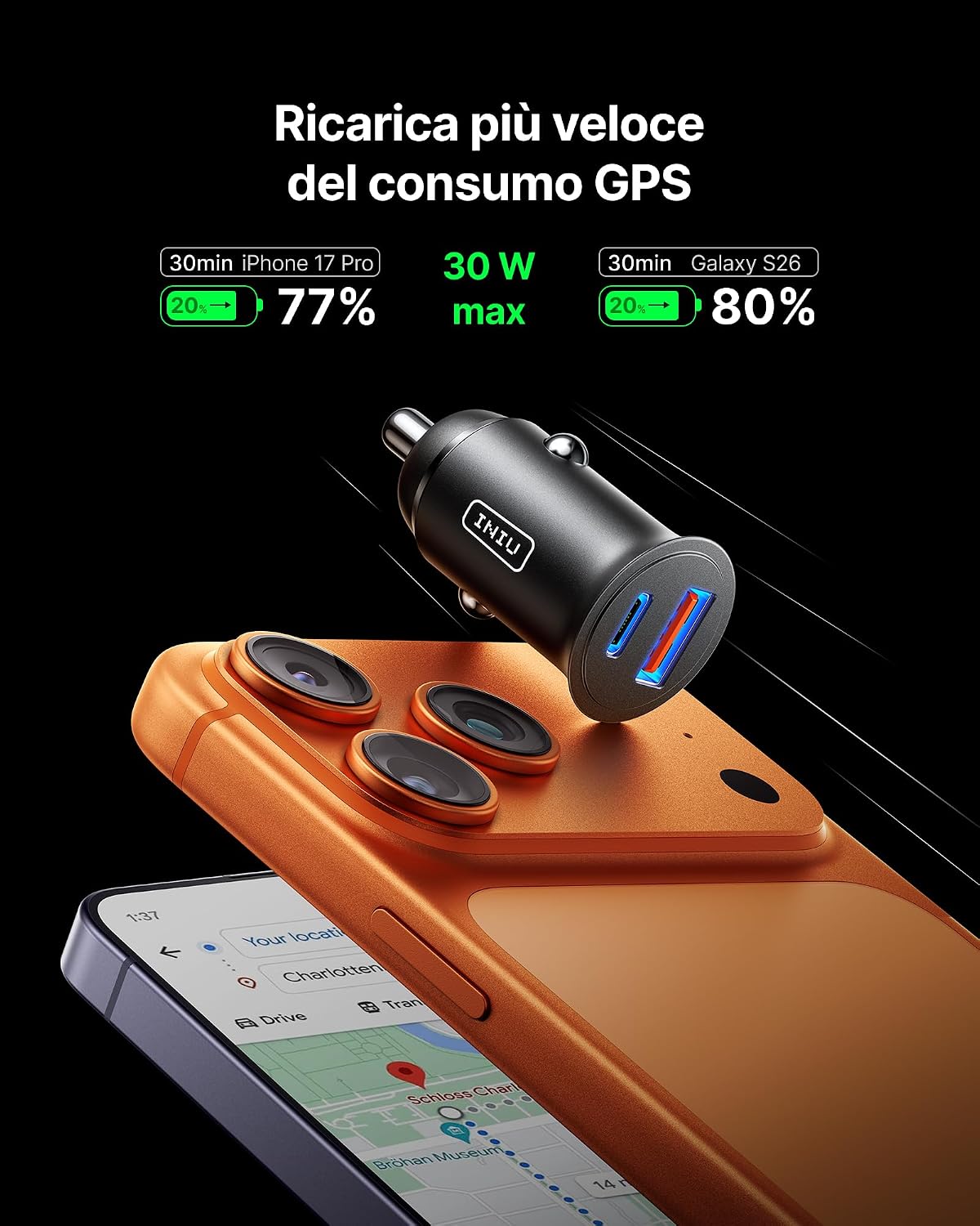 Detalle 2 de INIU caricatore auto 60W con USB-C PD e QC 3.0, doppia porta per ricarica rapida