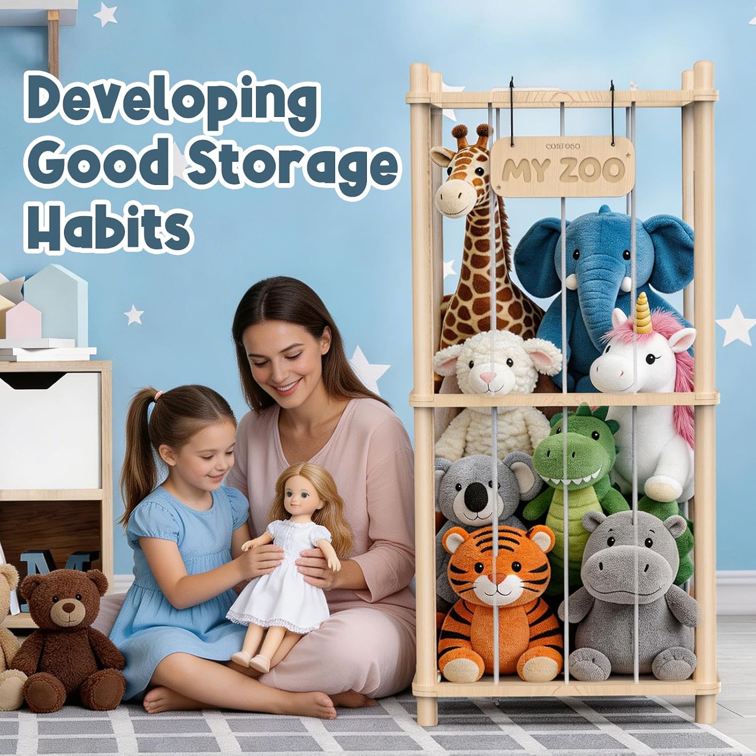 Detalle 1 de FunreemaG SSF3 XJH4 Pine Wood Stuffed Animal Storage Organizer
