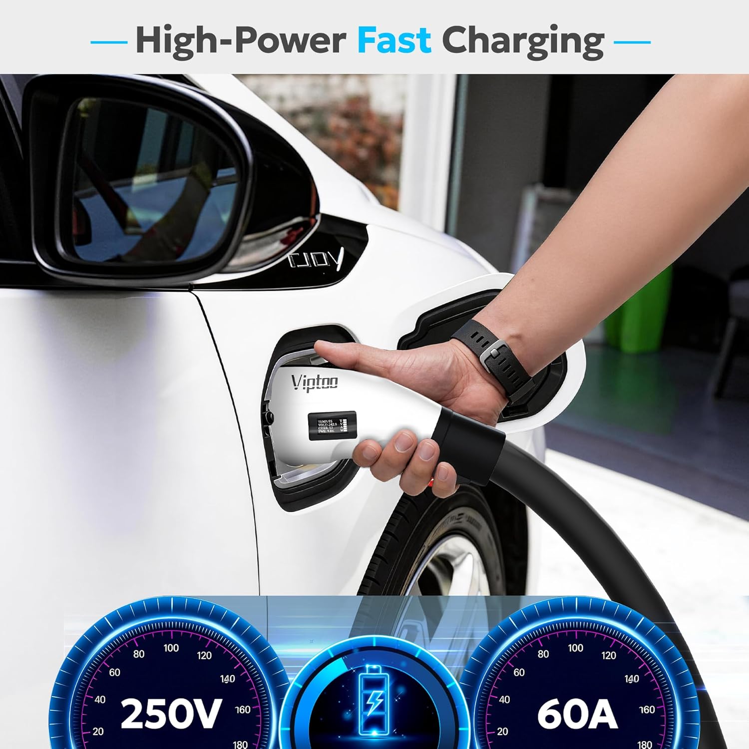 Thumbnail 1 de VIPTOO Tesla to J1772 Adapter 60A 250V AC – Real-Time Display, Dual-Lock, IP65