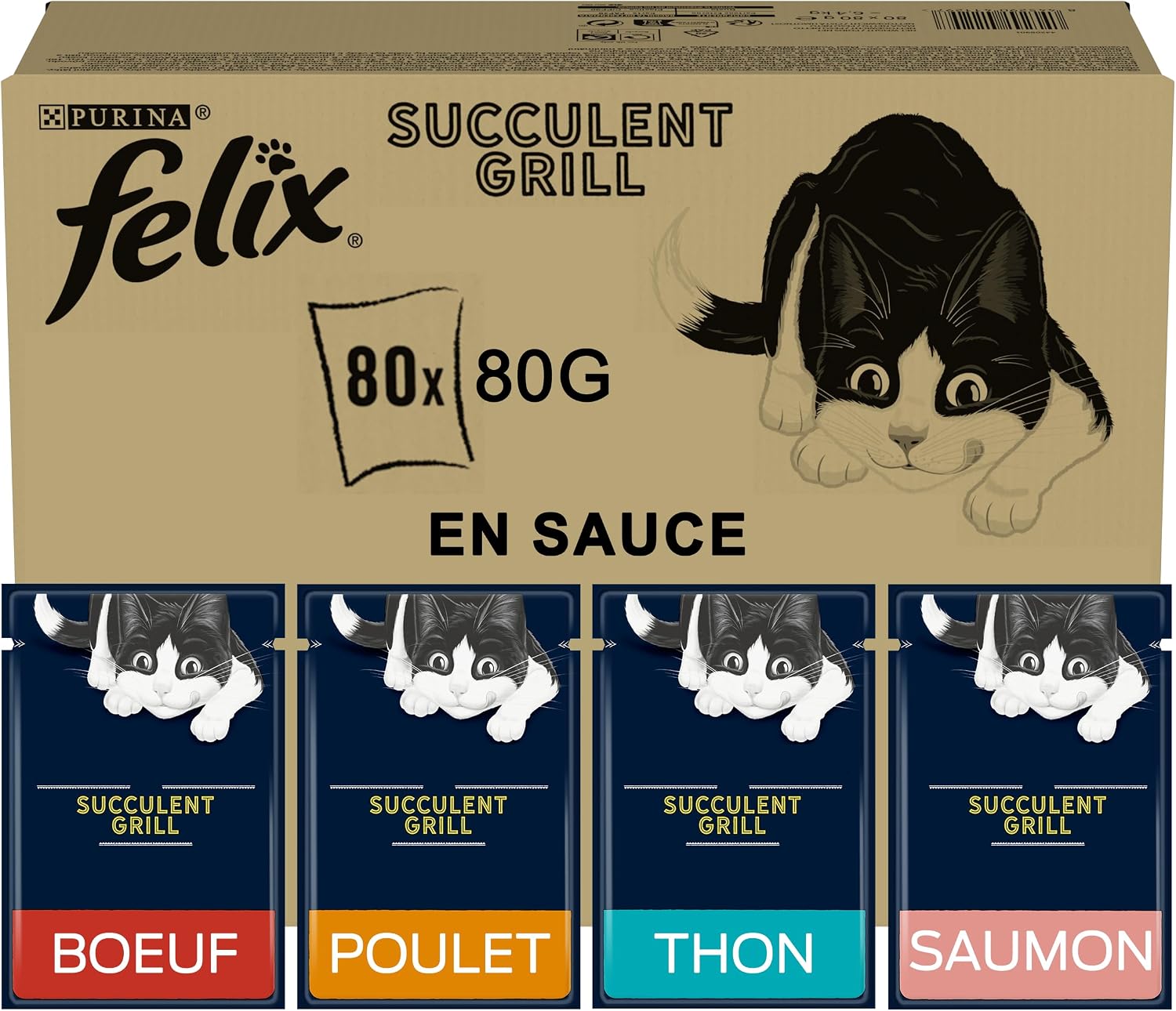 Detalle 2 de Felix Succulent Grill – Selection chat adulte en sauce, 72 sachets 80 g (Bœuf, Poulet, Canard et Dinde)