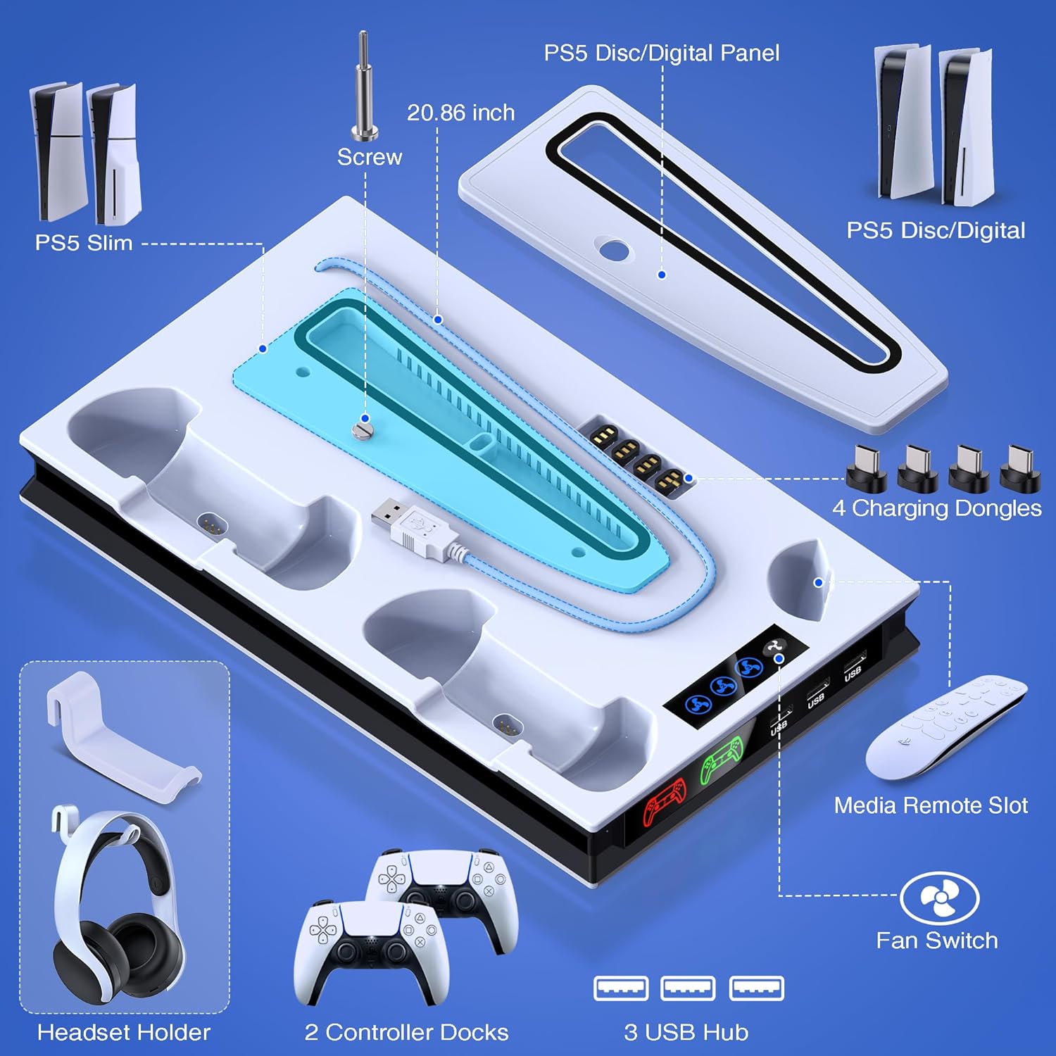 Thumbnail 3 de GAMSINGY PS5 Ständer mit Lüfter und 3-fach USB-Hub für PS5, Slim (nicht kompatibel) und weiteres Zubehör