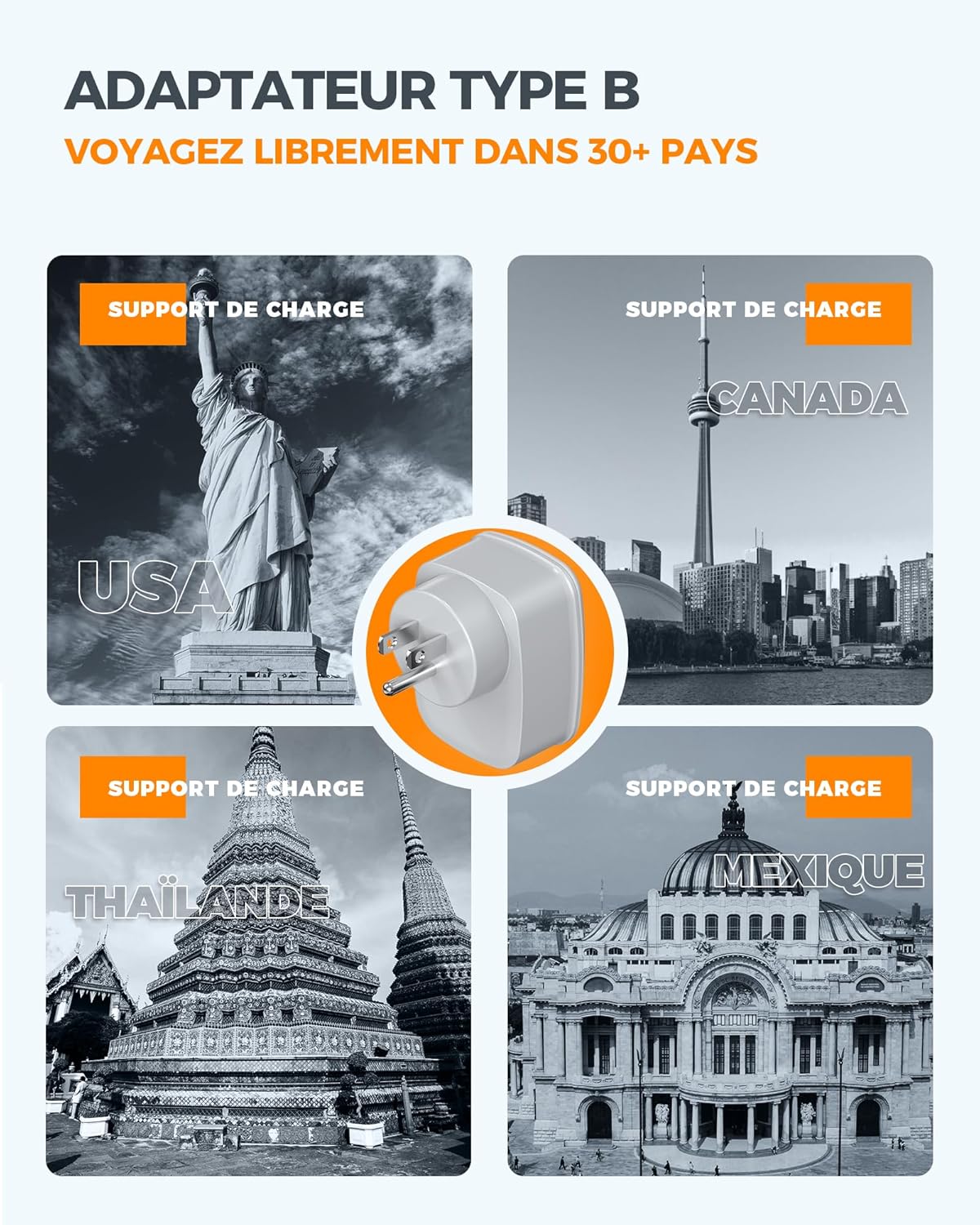 Detalle de TESSAN Adaptateur prise France→USA 3‑en‑1 1250W 🔌