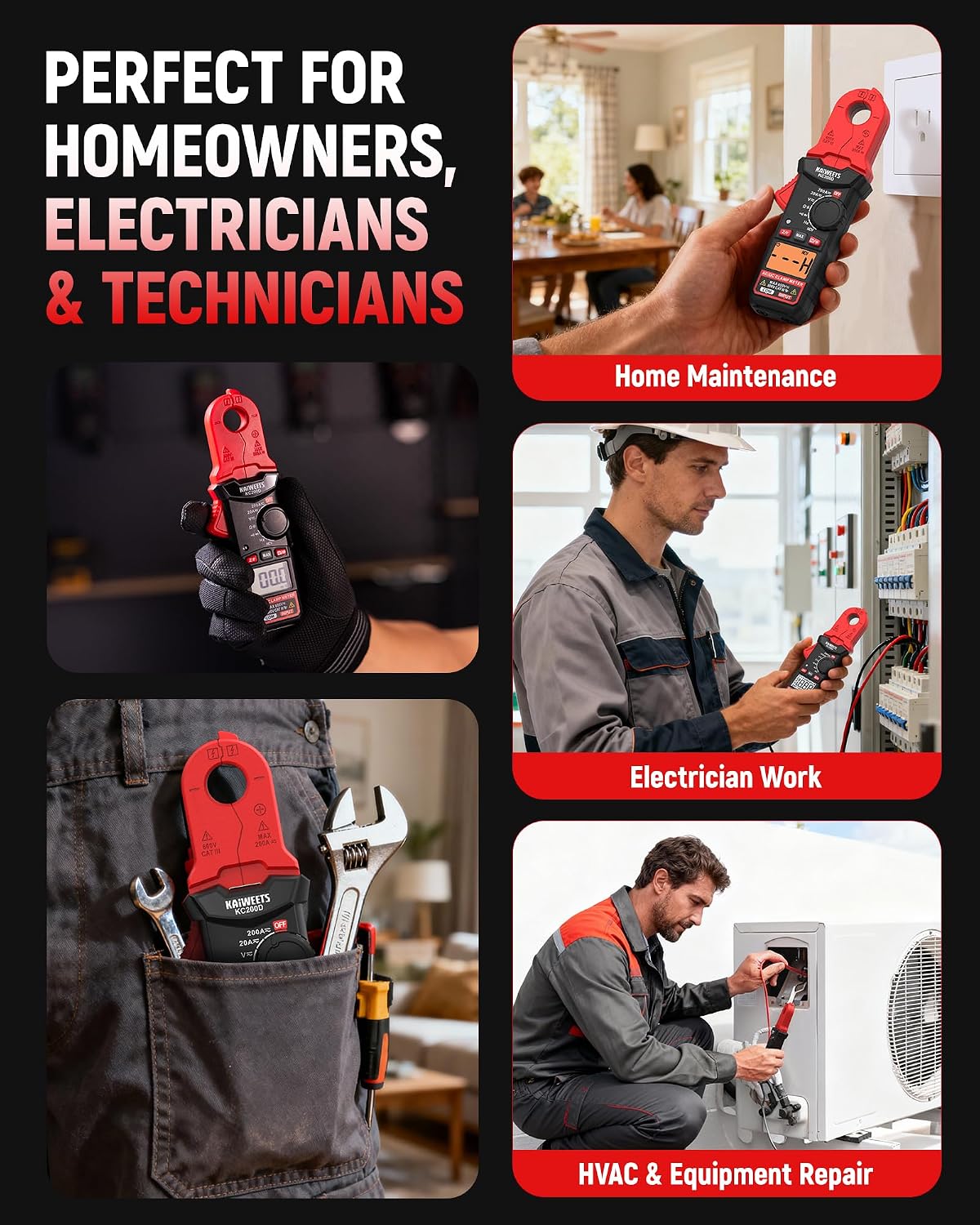Detalle 2 de KAIWEETS Digital Clamp Meter with Round Jaw TRMS: Accurate AC/DC Testing in a Compact One-Handed Design