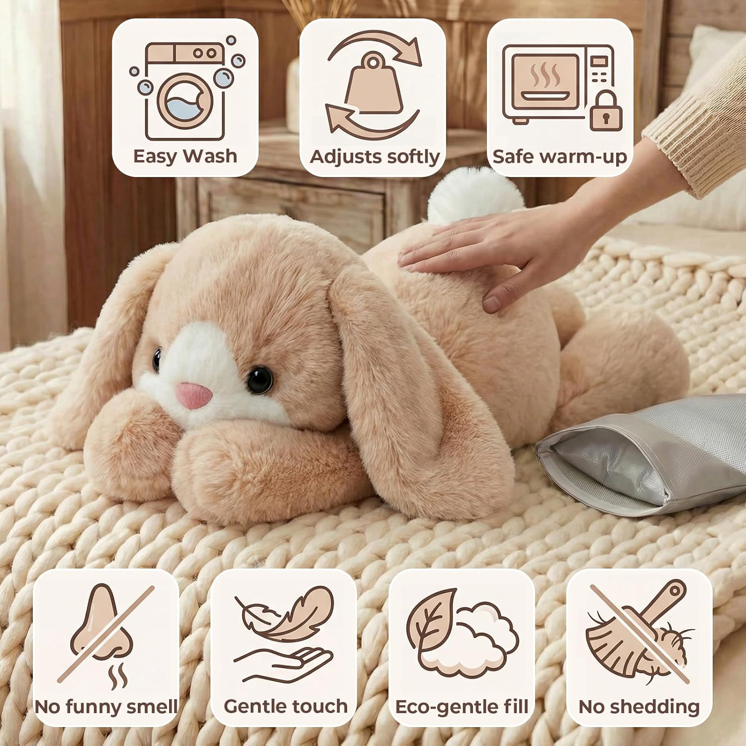 Thumbnail 6 de Mewaii weighted teddy bunny plush (Cream White) with heatable/coolable inner pad, microwavable design