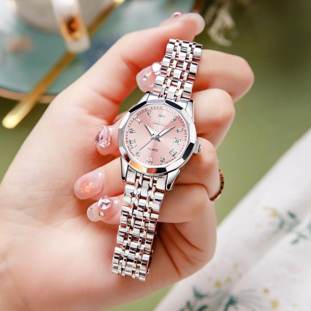 Detalle de OLEVS Damenuhr Quarz mit Diamant-Indexen, Edelstahlarmband, 30m Wasserdicht – Geschenkqualität