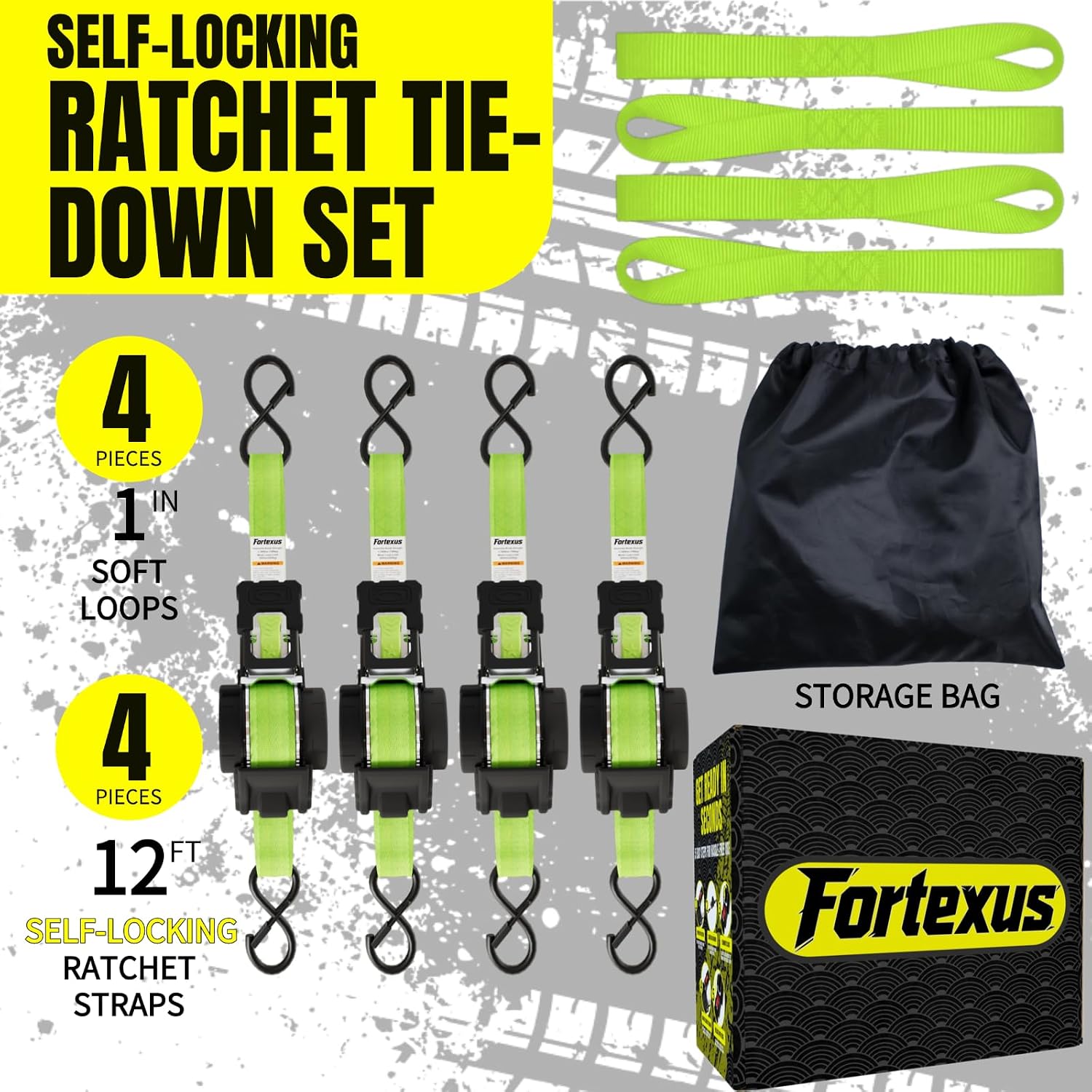 Detalle 2 de Fortexus Retractable Ratchet Straps (1 in x 12 ft) – Heavy-Duty Automatic Tie Downs, 4-Pack (Neon Green)