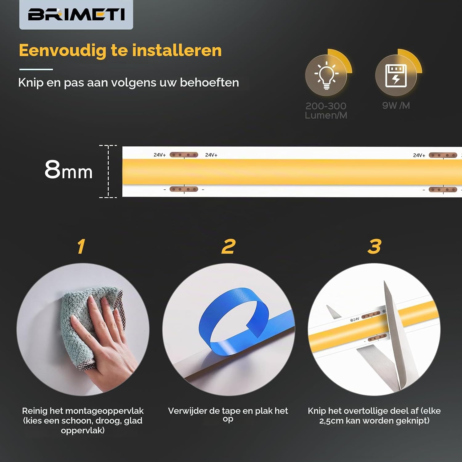 Thumbnail 5 de BRIMETI 5M COB-ledstrip 5 m, 12 V, warmwit 3000 K, zelfklevend