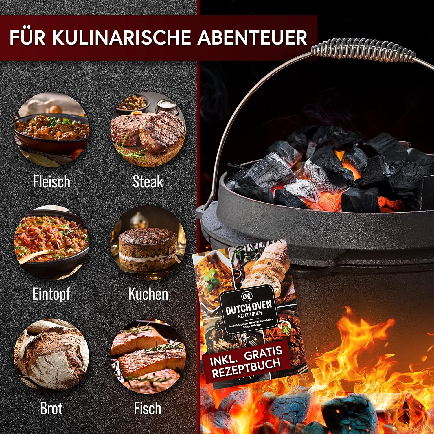 Thumbnail 6 de GUSSKÖNIG Dutch Oven Set 9L – Eingebrannter Feuertopf mit 2in1 Deckelheber und umfangreichem Zubehör