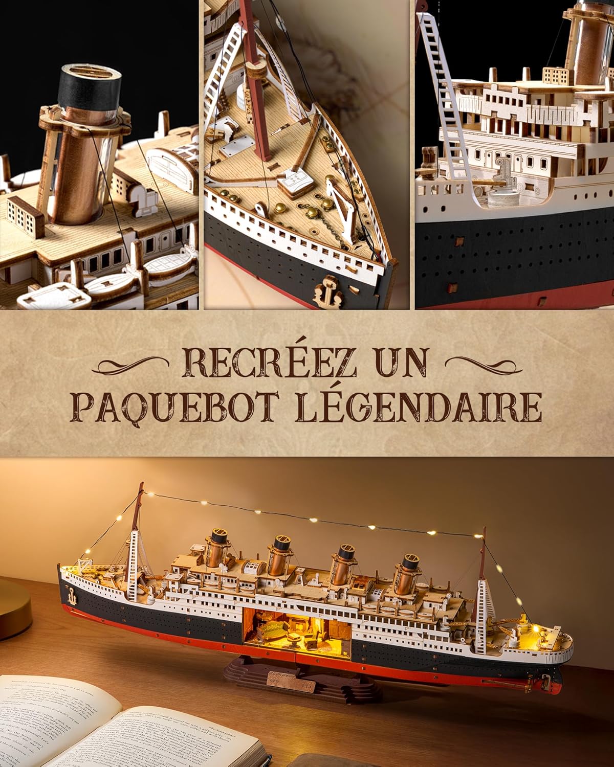 Thumbnail 4 de ROBOTIME Puzzle 3D en bois 1912 Eternal Atlantic Voyager (paquebot) avec éclairage LED