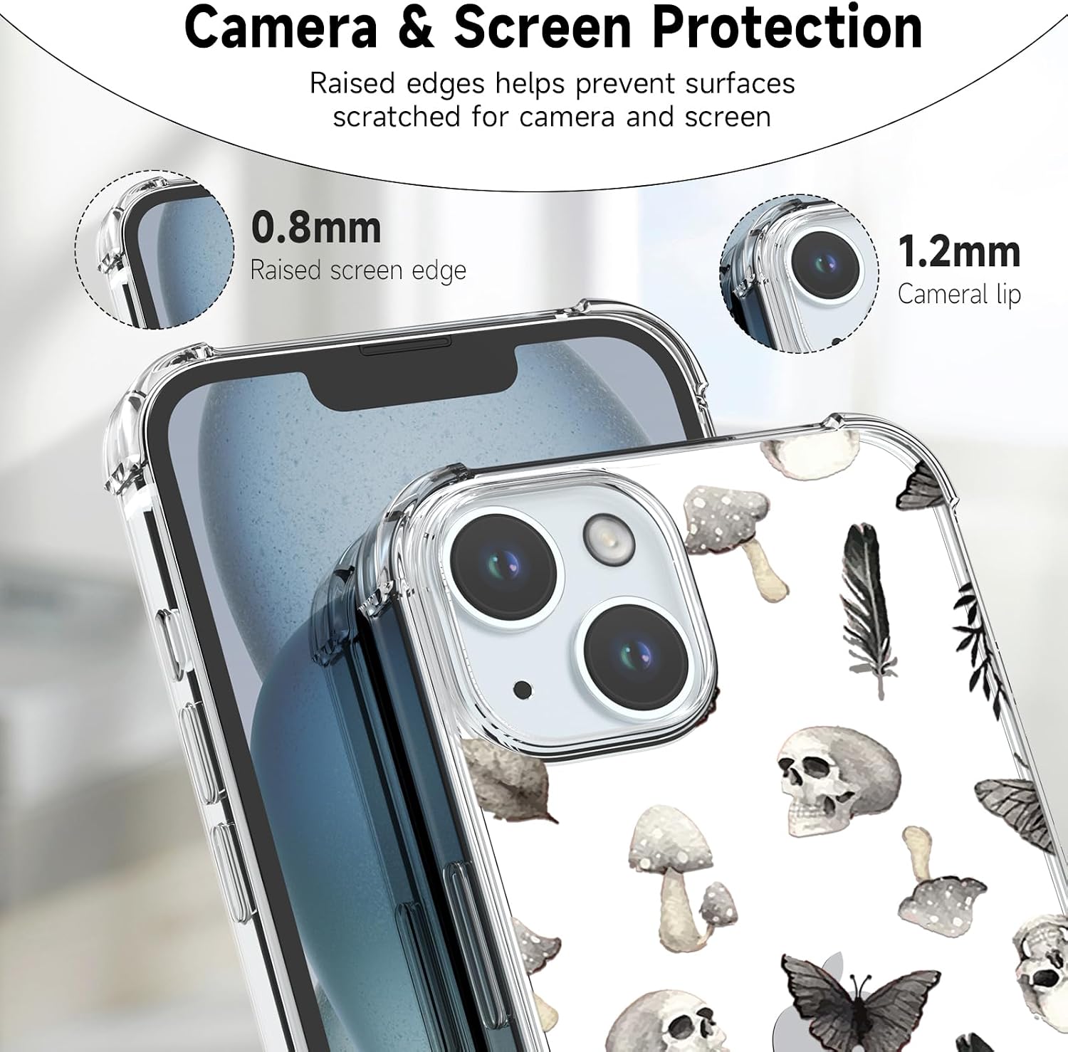 Detalle de CAROKI Clear TPU iPhone 15 Case with Black Skull Pattern