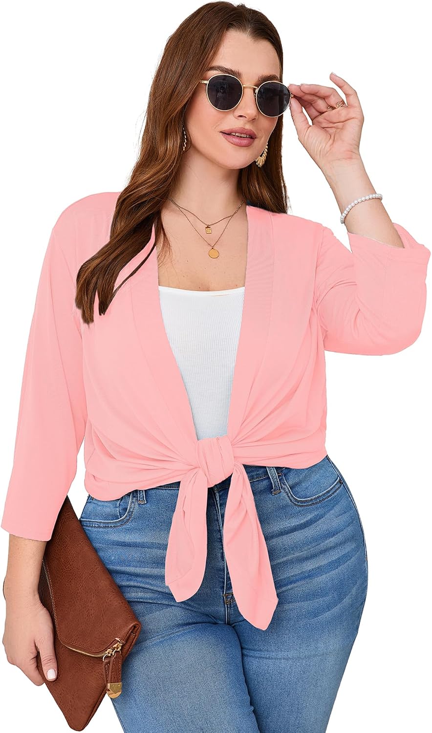 Detalle 2 de AusLook Women's Plus Size Open-Front Cardigan, Lightweight 3/4 Sleeves