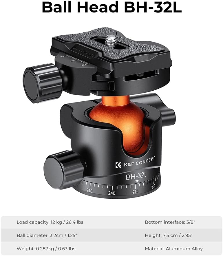 Thumbnail 1 de K&F Concept Tête de balle 360° rotative BH-32L : adaptateur rotule avec vis 3/8" et plaque rapide 1/4
