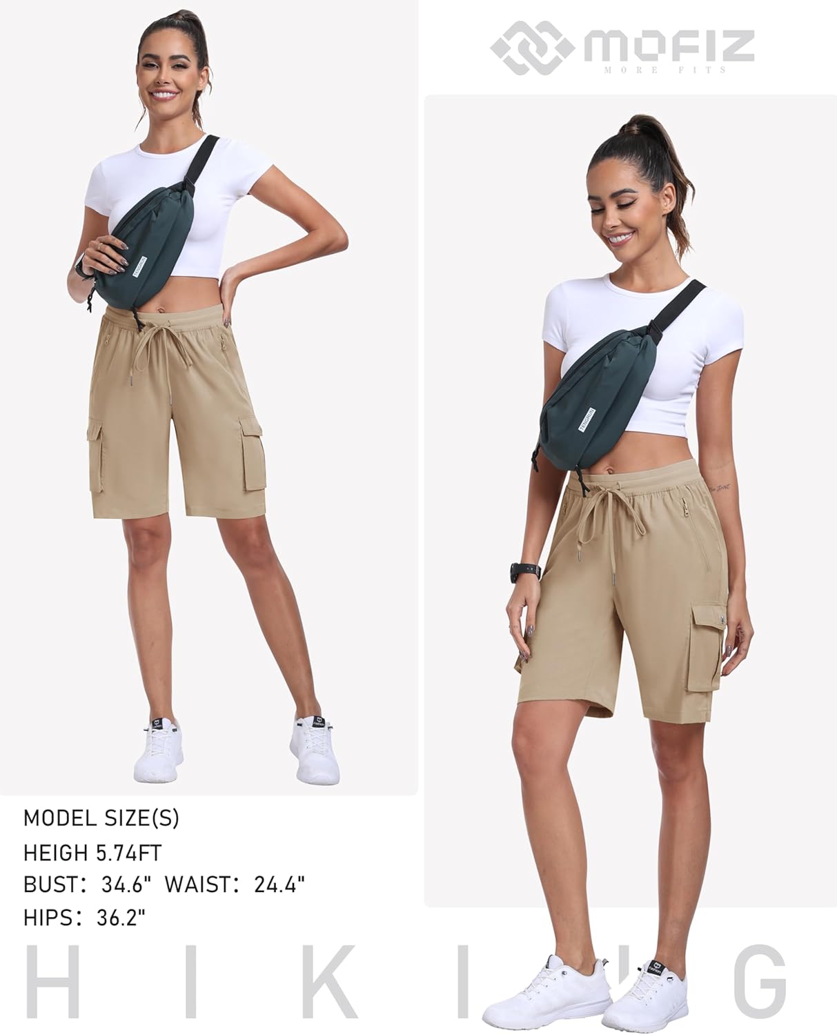 Thumbnail 5 de MoFiz pantaloncini cargo trekking da donna in tessuto traspirante, vita elastica con coulisse e 6 tasche