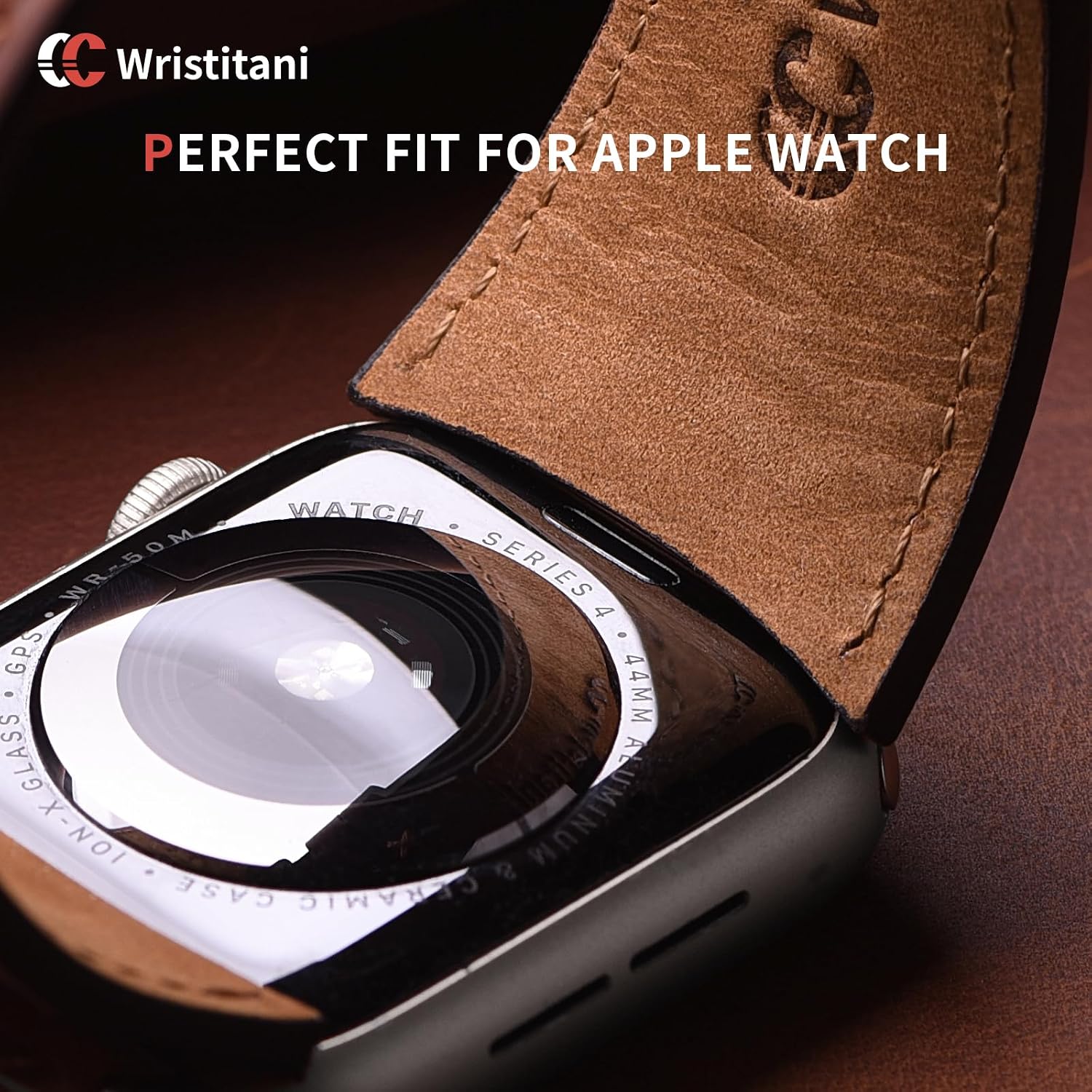 Detalle de Bracelets en cuir Wristitani pour Apple Watch 44–49 mm — cuir véritable et design maillé, haut de gamme