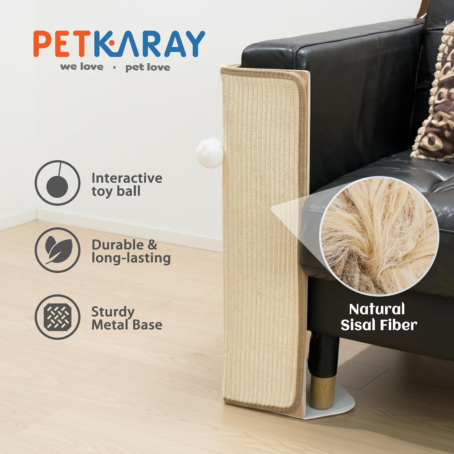 Detalle de PETKARAY Under-Furniture Cat Scratcher: 60cm Sisal Scratching Post for Sofa Corners
