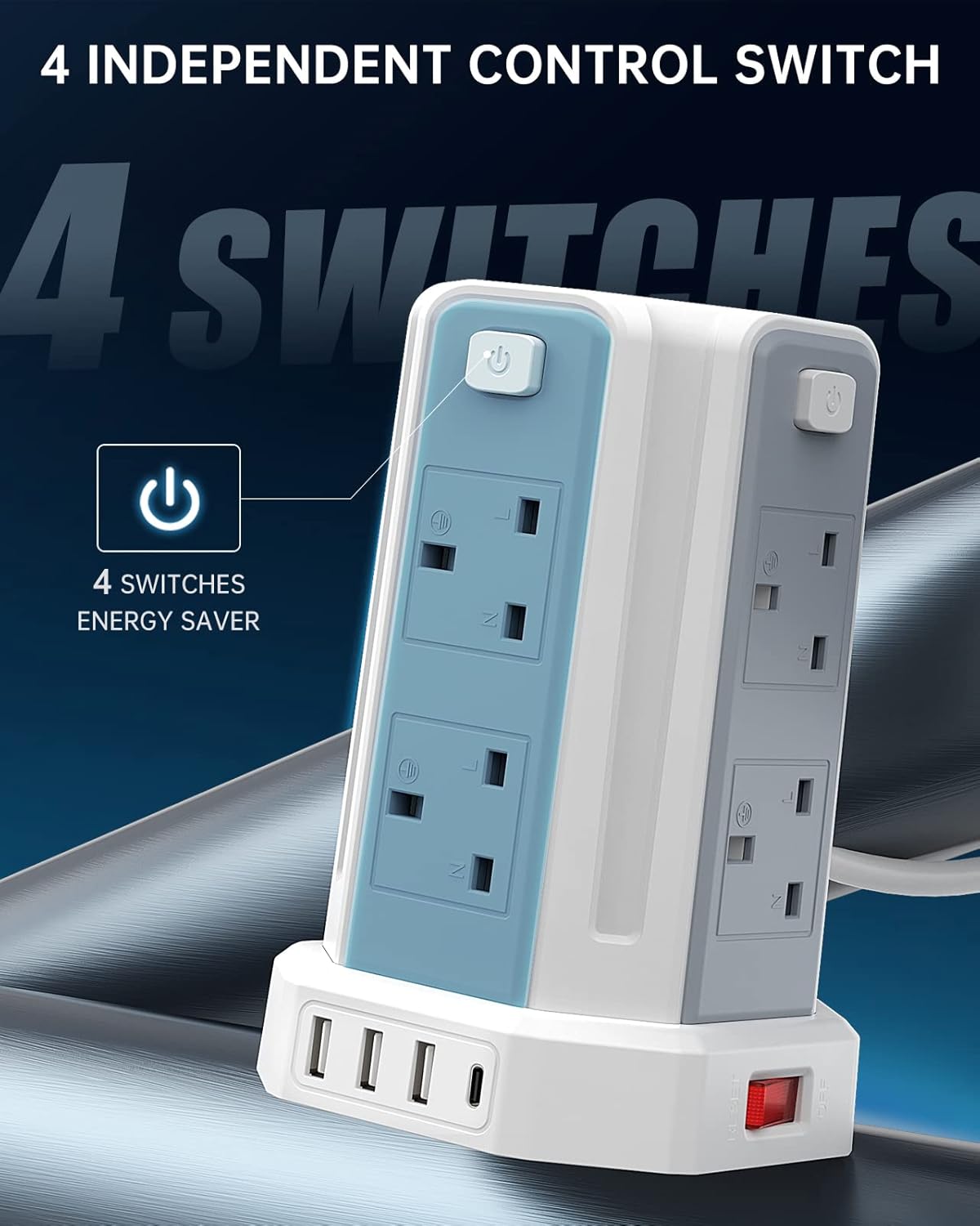 Detalle 2 de Tower Extension Lead 3250W 13A with 8 AC & 4 USB ports ๐