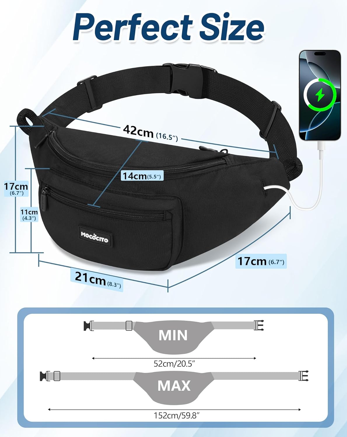Detalle 2 de MOCOCITO Grande Banane Homme & Femme — Sac banane imperméable avec housse de pluie intégrée, 52–152 cm, porte-bouteille 1L, idéal vélo et trekking