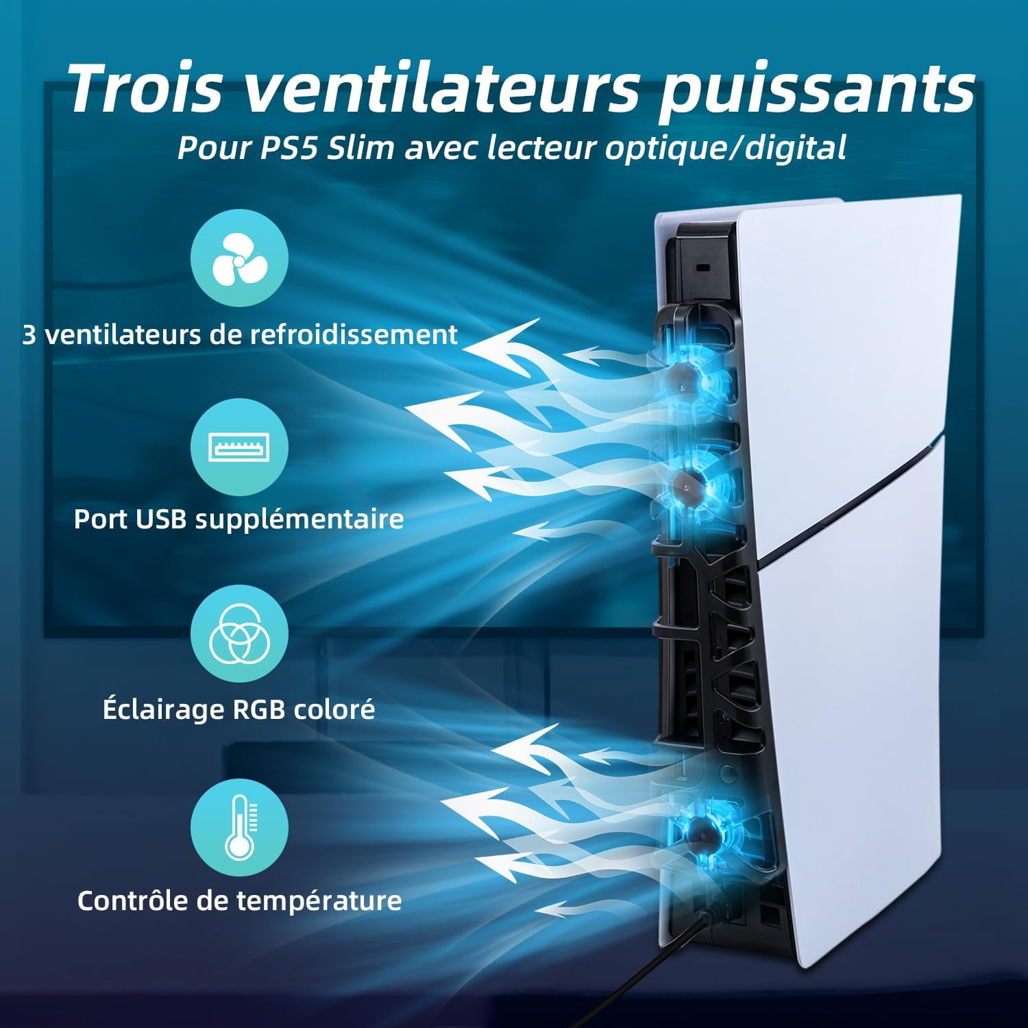 Thumbnail 1 de Tolesum Ventilateur de refroidissement pour PS5 Slim avec éclairage LED RGB (USB arrière) – Noir