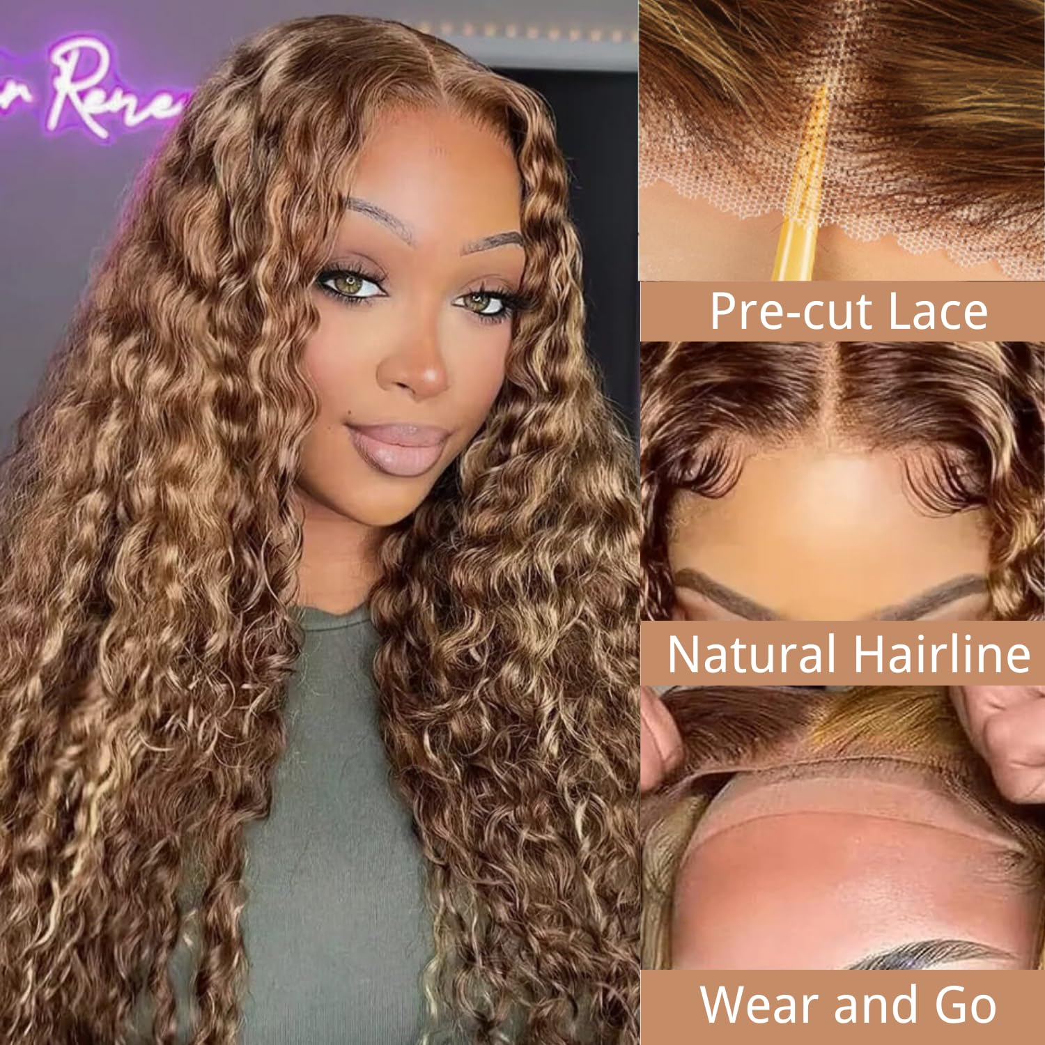 Thumbnail 1 de AAKJJ Deep Wave Lace Front Wig, 24 Inch, 200% Density with 4/27 Highlight Ombre, Glueless 5x5 HD Lace Closure