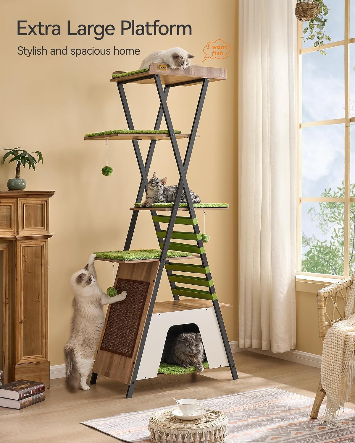 Detalle de FourFurPets Katzenbaum 184 cm mit mehreren Ebenen, Kratzbrett & Höhlen (Greige)