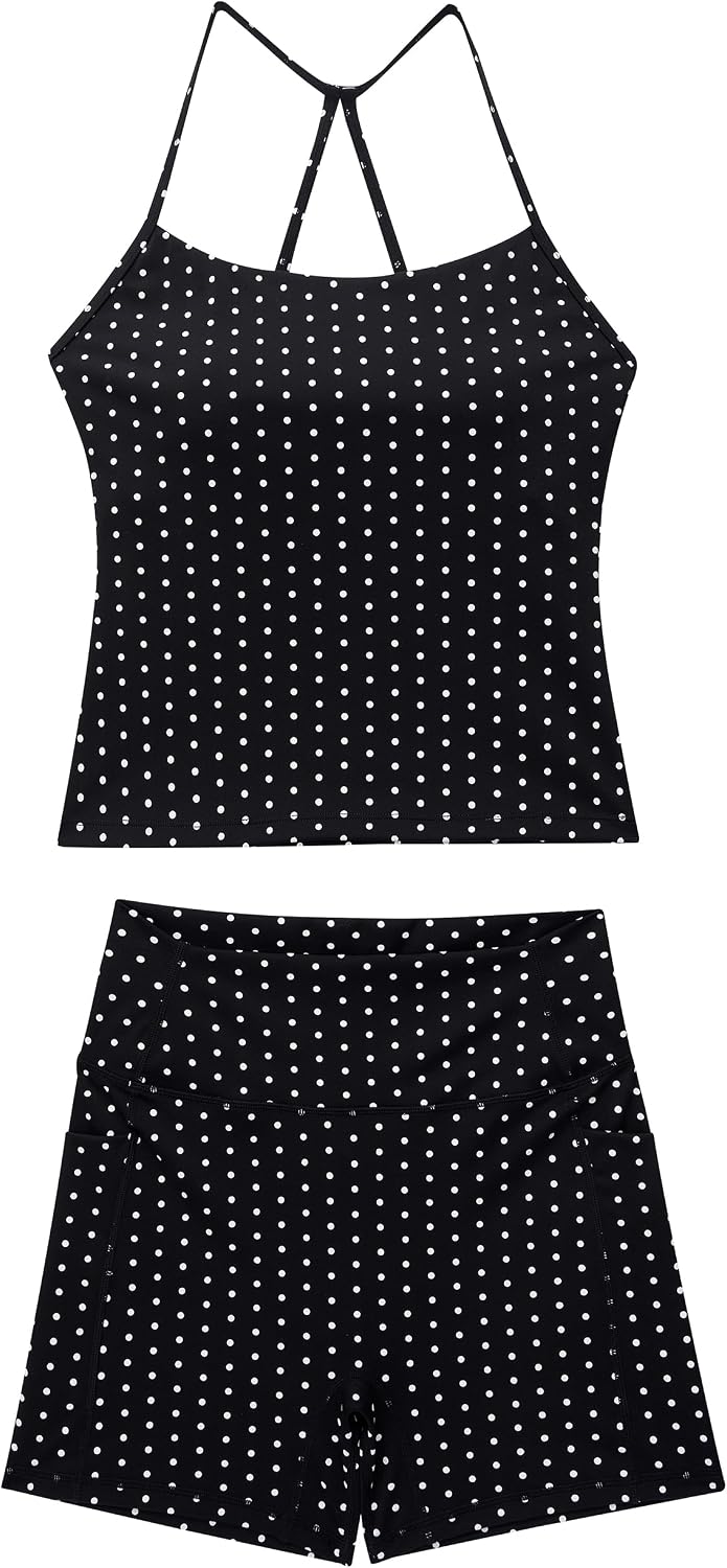 Detalle 2 de OMKAGI 2 Piece Workout Set for Women: Padded Sports Bra Tank + Scrunch Shorts with Pockets