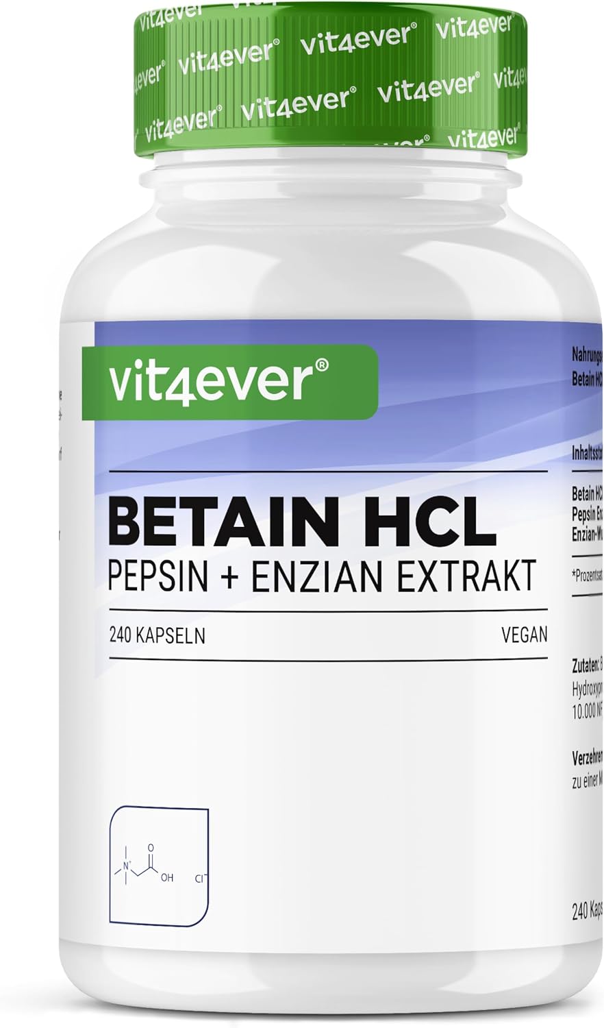 Detalle de Betain HCL – 240 Kapseln (695 mg) mit Pepsin & Enzianwurzel-Extrakt – vollspektrum Enzym-Kapseln