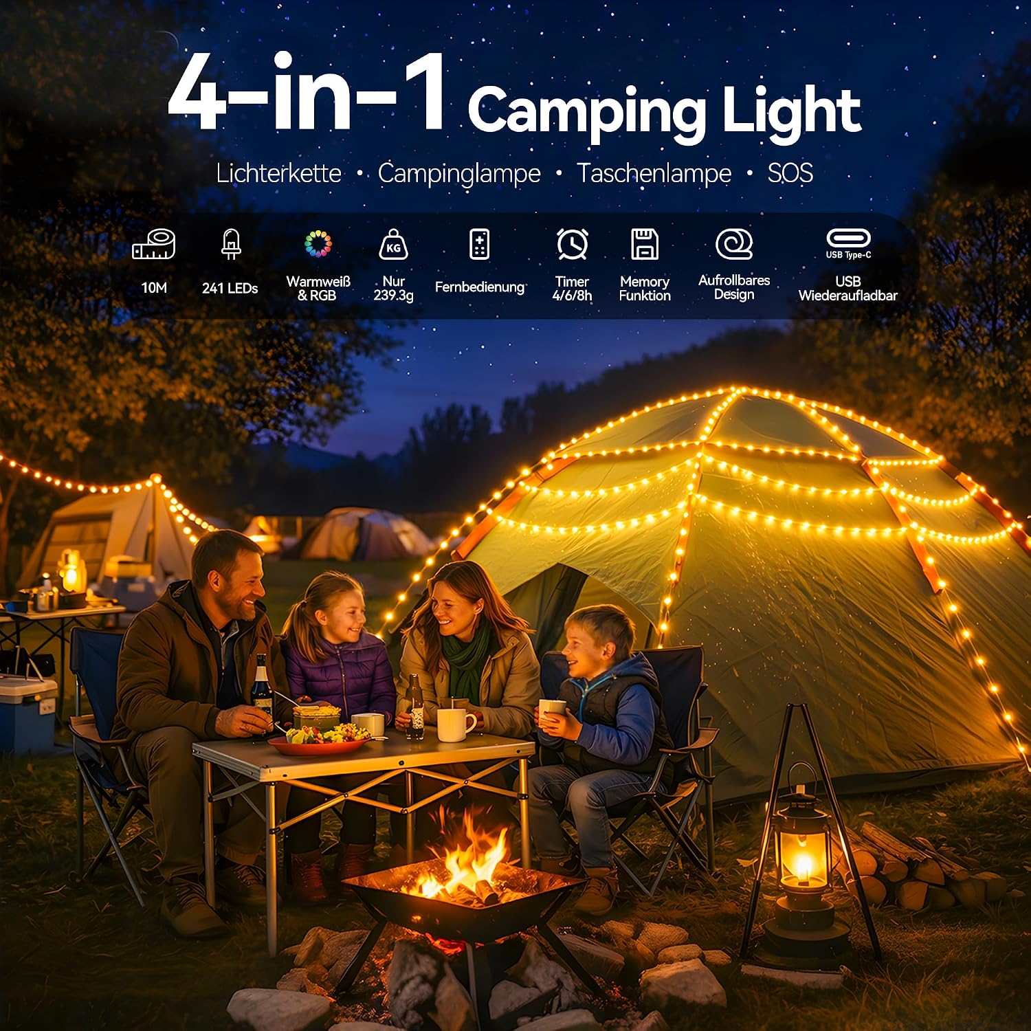 Detalle 2 de Hopexy Camping Lichterkette Aufrollbar 10M LED – 4-in-1 Campinglampe mit Powerbank