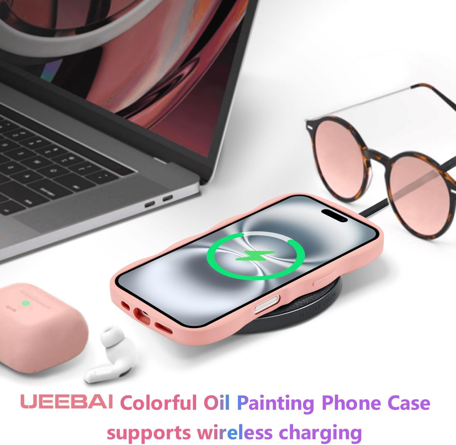 Detalle de UEEBAI Hülle für iPhone 16 – Rosa, Wellen-Design, Ultra Dünn & Stoßfest