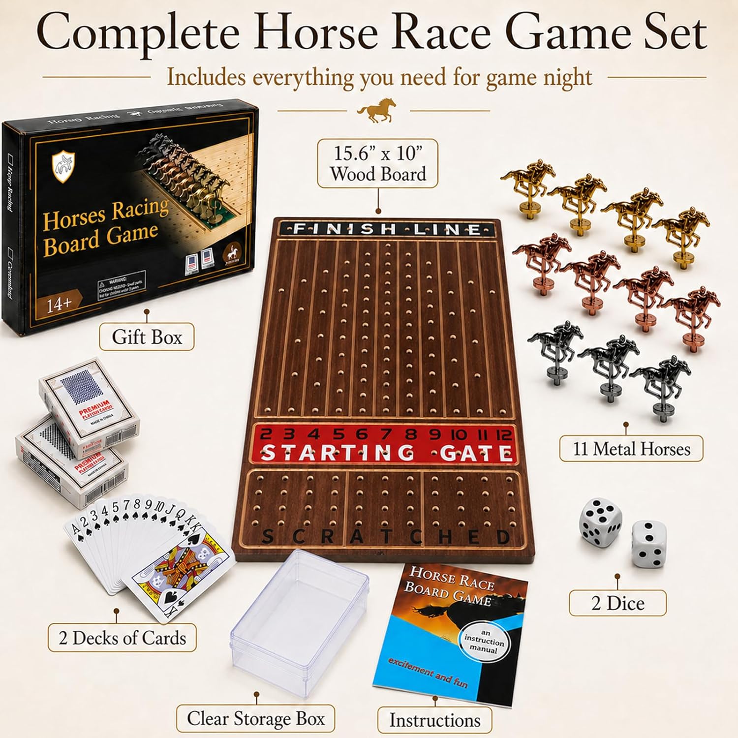 Thumbnail 1 de Jyquorp Horse Race Board Game (Rustic Brown) with 11 Metal Horses, 2 Dice, and Card Boxes