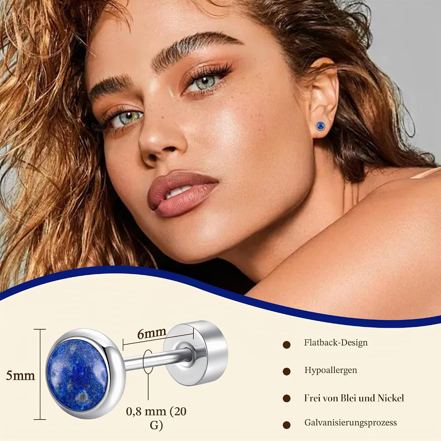 Detalle de FACOKO hypoallergene Ohrstecker aus Titan und Naturstein – flache Rückseite, 3–5 mm