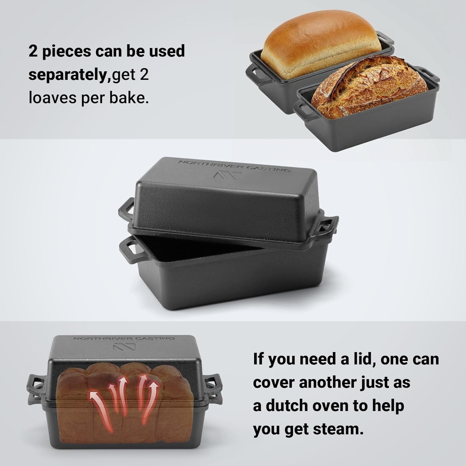 Thumbnail 3 de Northriver Casting 9×5 Inch Cast Iron Loaf Pan with Lid (2-Piece Set) for Bread, Cake, and Meatloaf