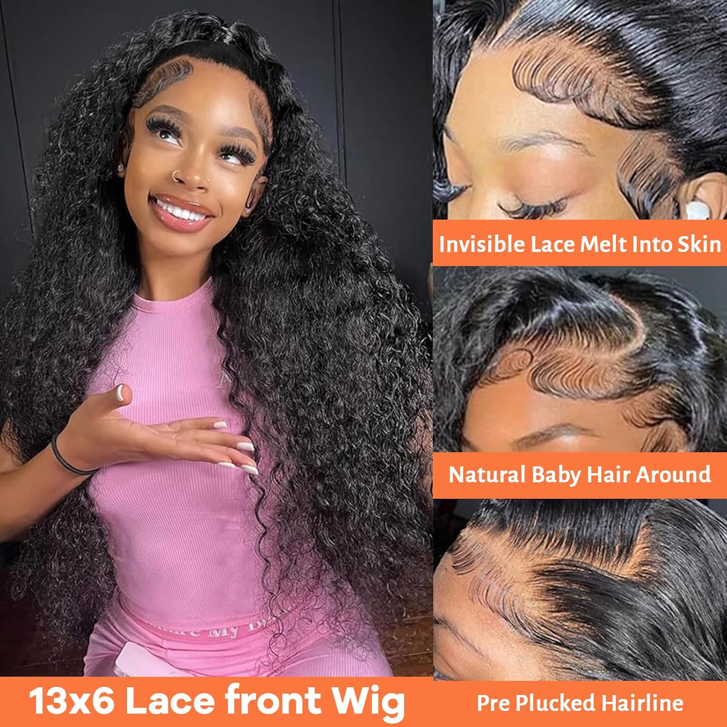 Detalle 2 de SYHGK 30 Inch Deep Wave Lace Front Wig – 13x6 HD, Human Hair, Pre-Plucked with Baby Hairs